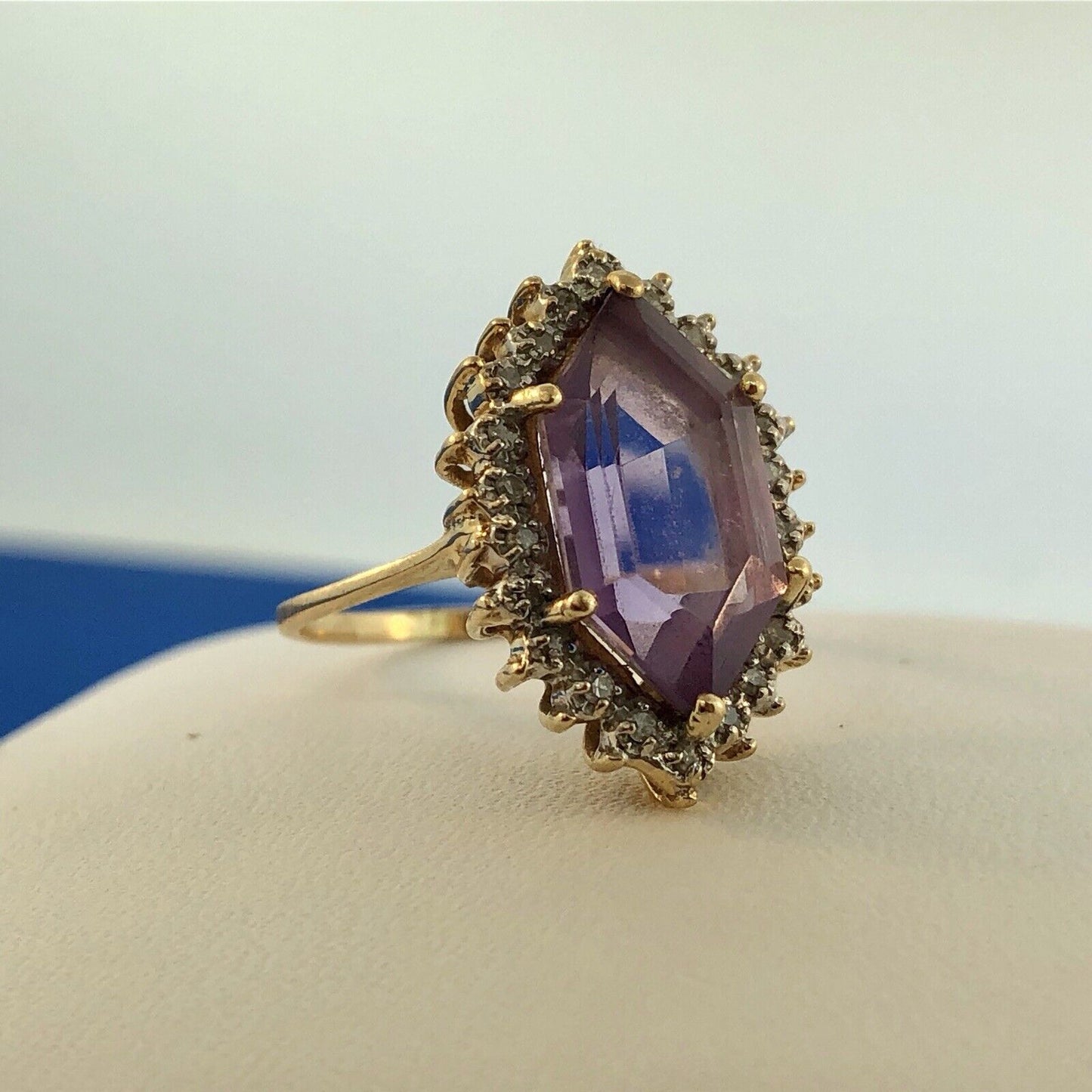 Estate 14K Yellow Gold Amethyst Diamond Halo February Anniversary Occasion Ring