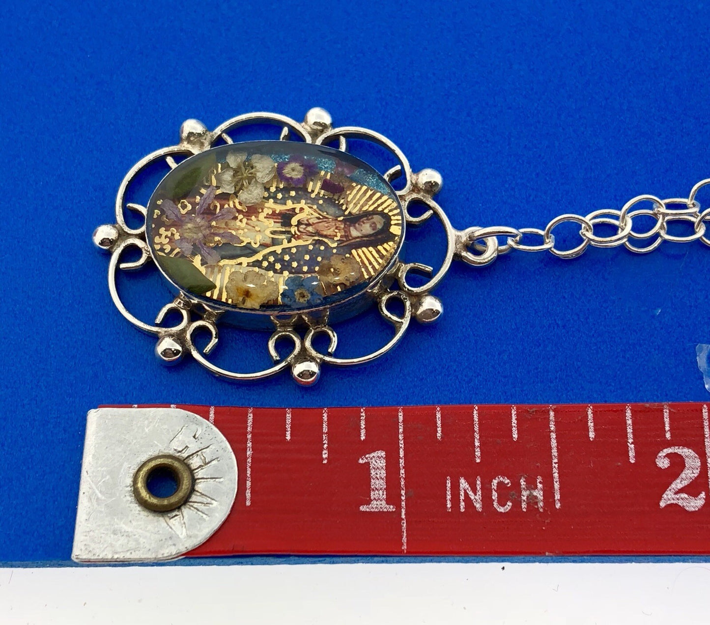 Designer ATI Sterling Silver 925 Resin Mary Religious Scroll Bead Necklace