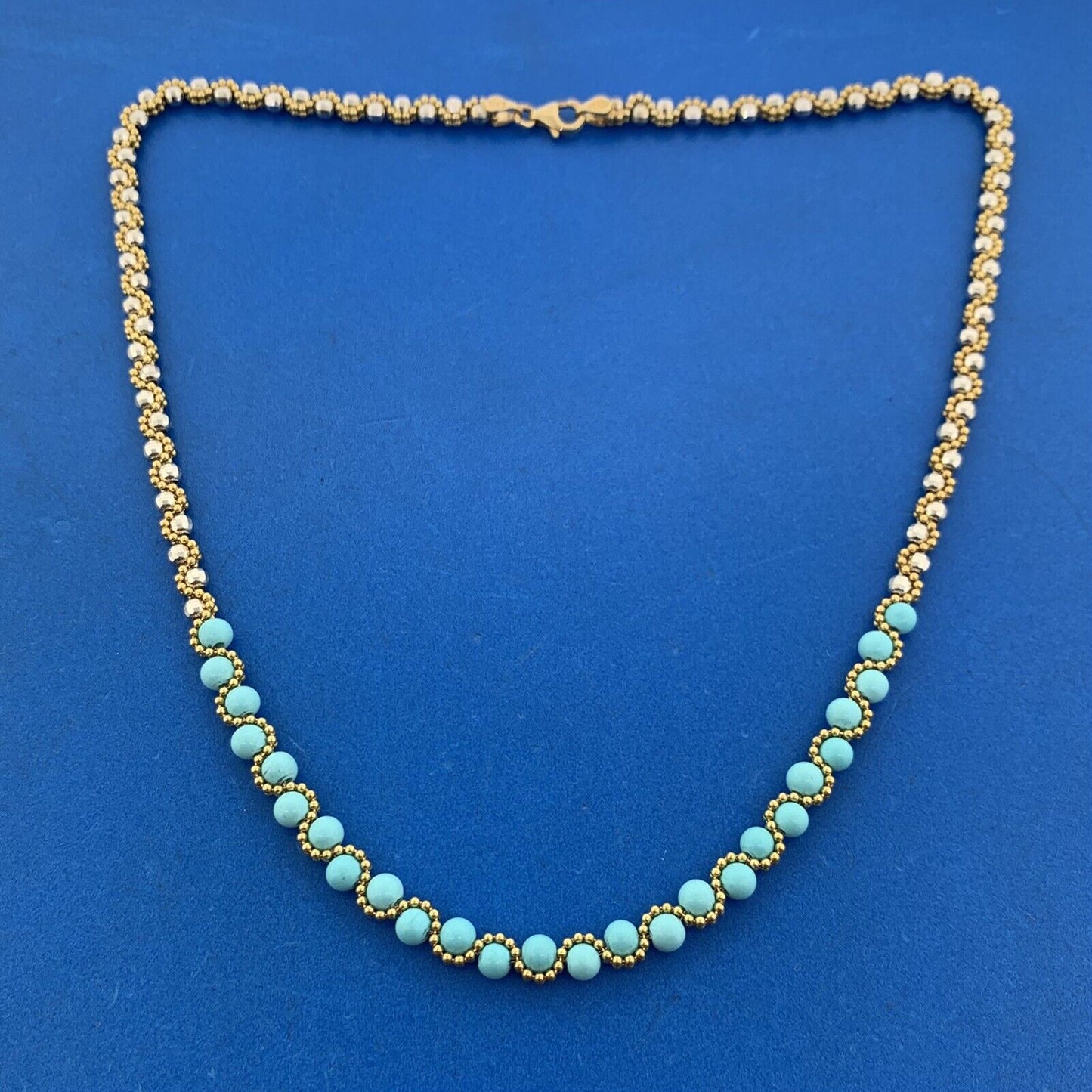 Designer Italy 14K Yellow White Gold Turquoise Bead Disco Gold Ball Necklace