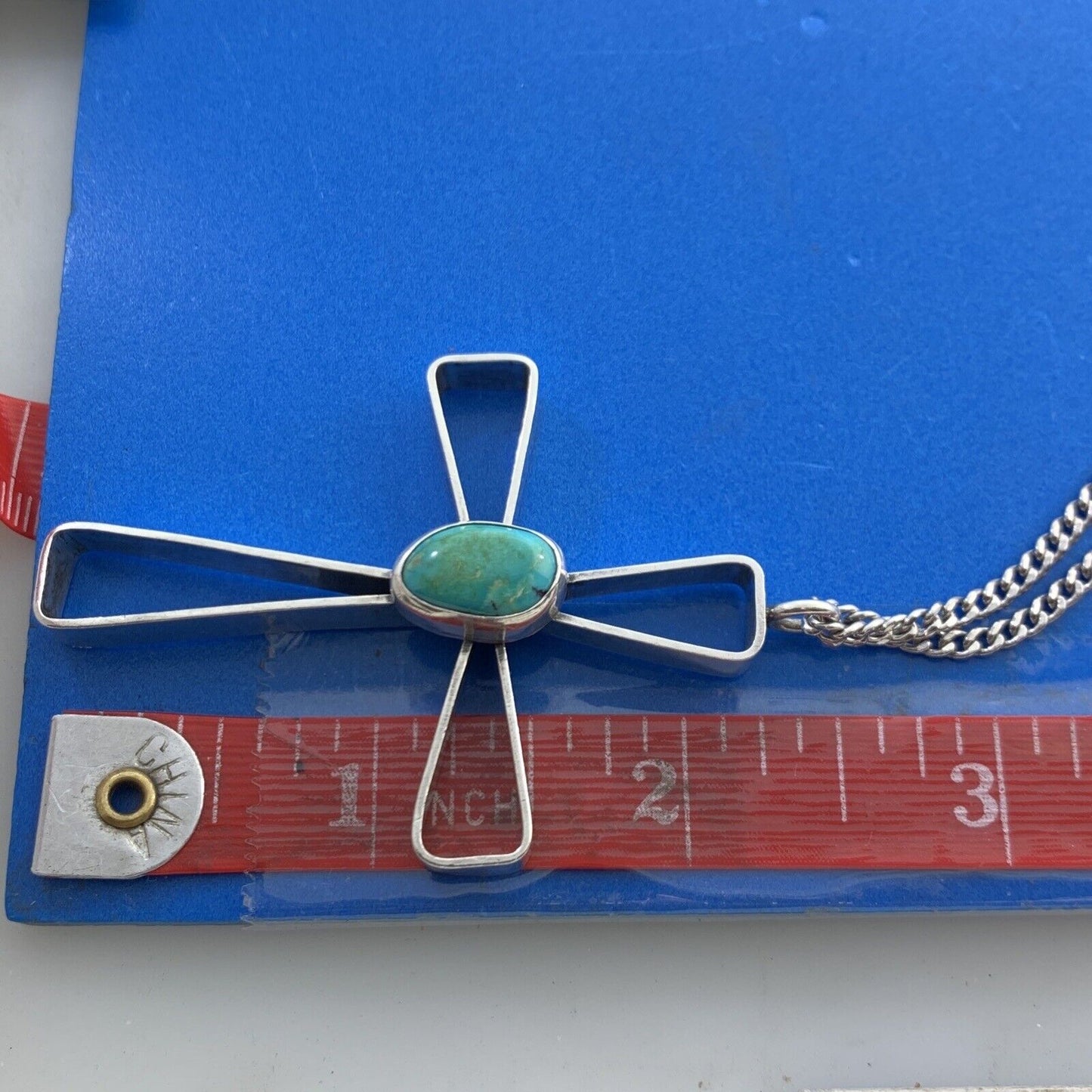 Oval Turquoise 925 Sterling Silver Statement Cross Silver Tone Chain Necklace