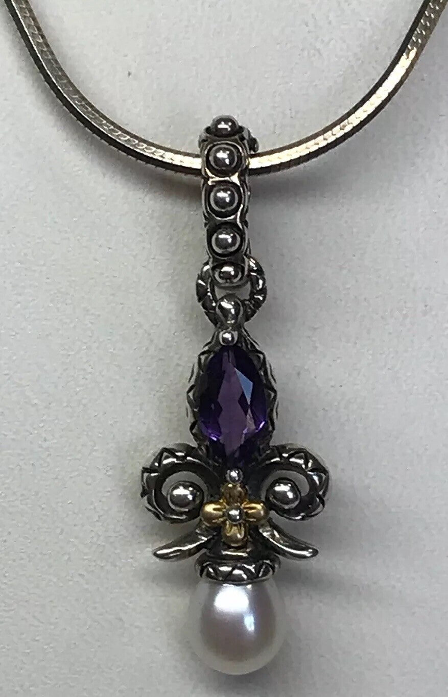 Barbara Bixby 18K Gold Sterling Silver Pearl Amethyst Drop Enhancer Pendant S173