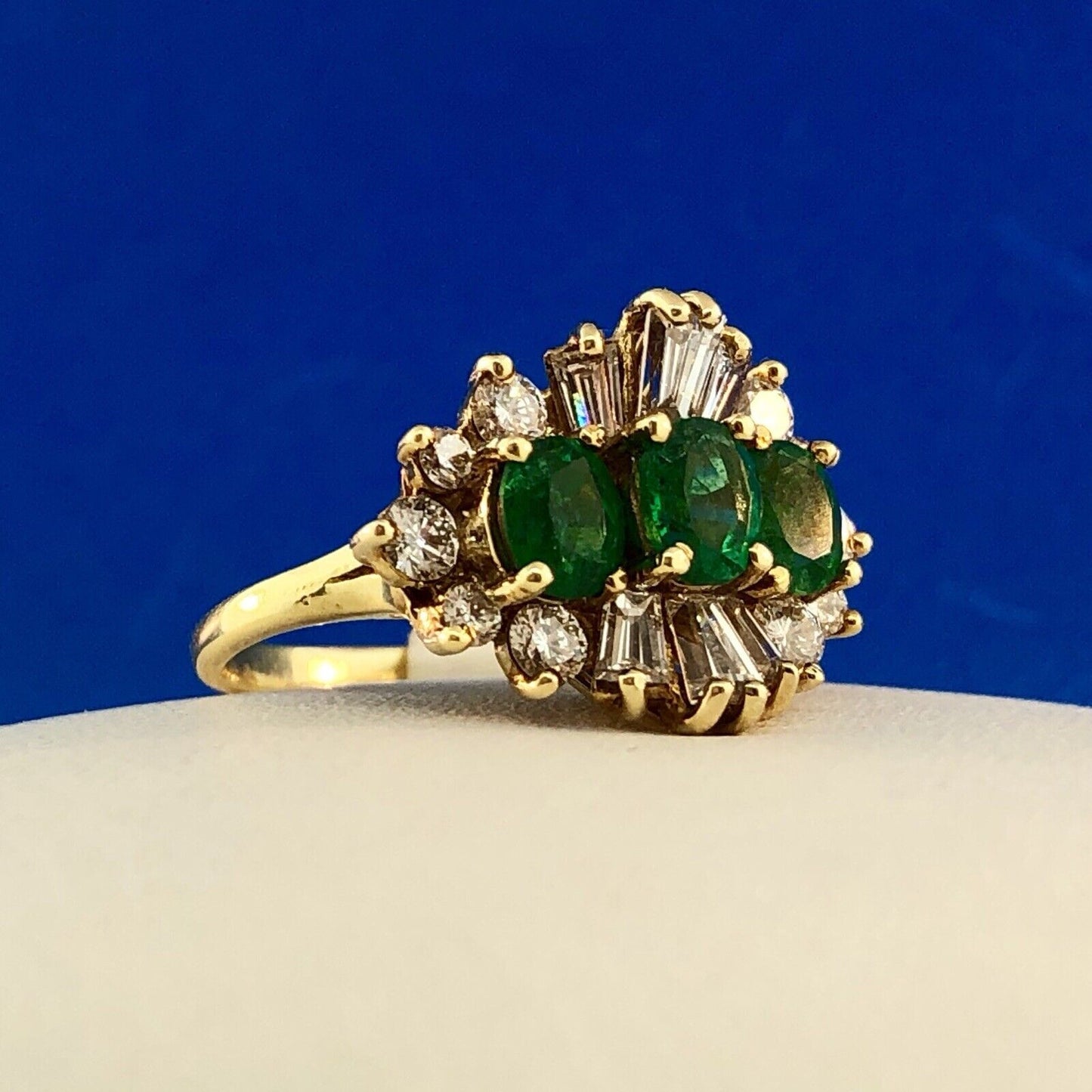 Vintage 14k Yellow Gold Three Oval Emerald Ring w/ Round & Baguette Diamonds