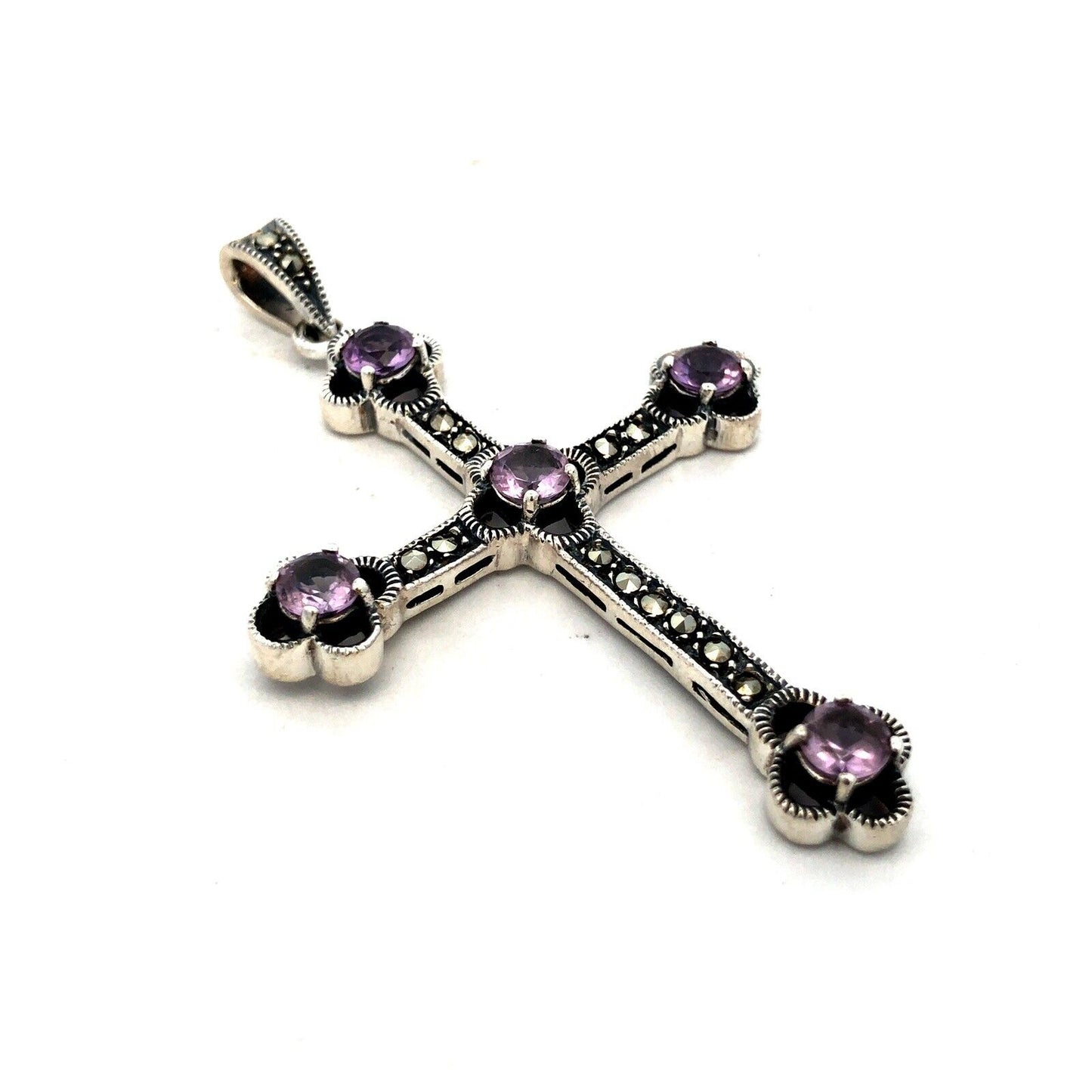 Vintage 925 Sterling Silver Round Amethyst Marcasite Statement Cross Pendant