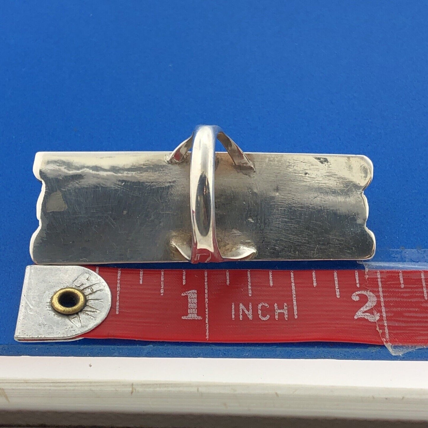 Native American Artisan Sterling Silver Coral Turquoise Rectangle Statement Ring