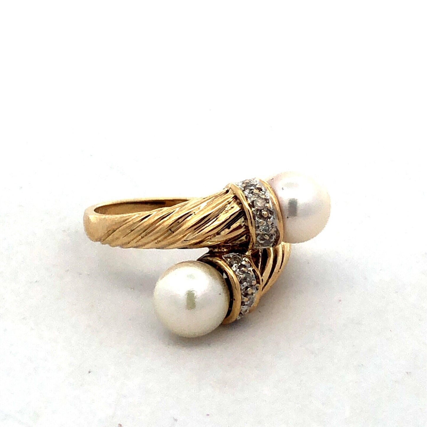 Designer H 14K Yellow Gold Round Pearl Diamond Twist Textured Bypass Ring