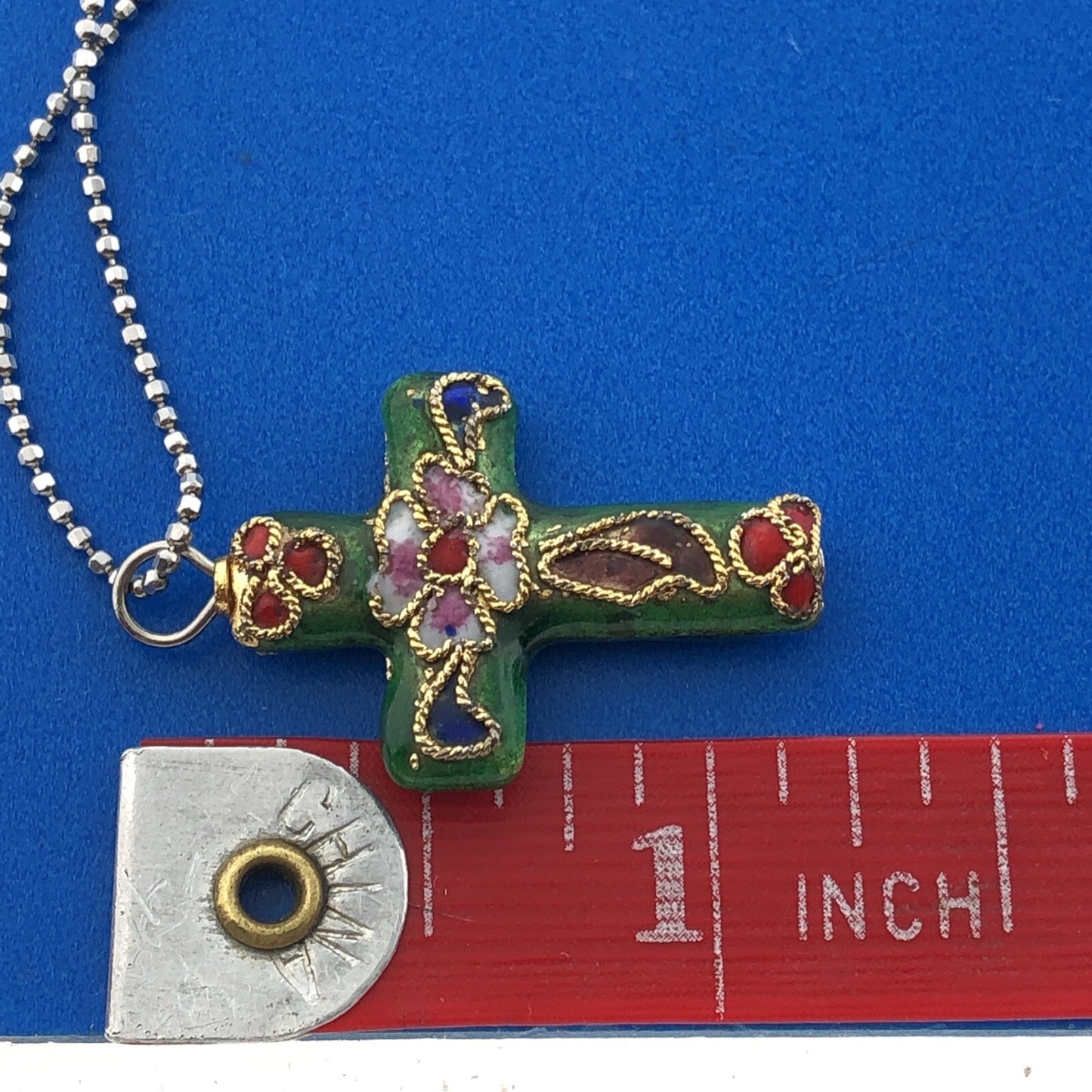 Retro 925 Sterling Silver Vermeil Enamel Cloisonne Cross Two Toned Necklace