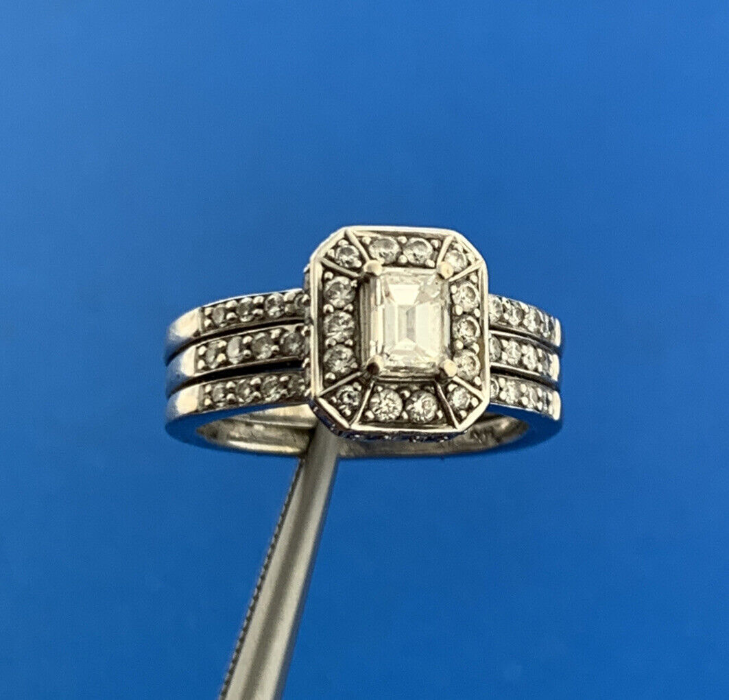 Designer 14K White Gold Diamond Solitaire Halo Accented 3 Band Engagement Ring