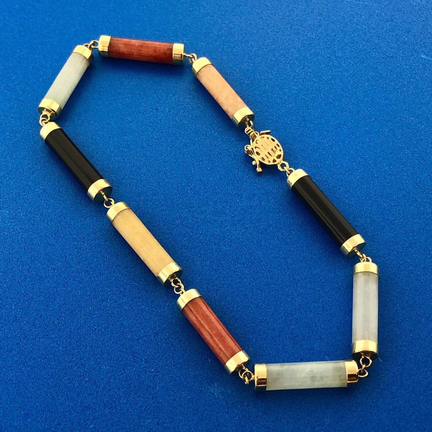 Estate 14K Yellow Gold Coral Black Onyx Jasper Jade Mixed Tubular Bead Bracelet