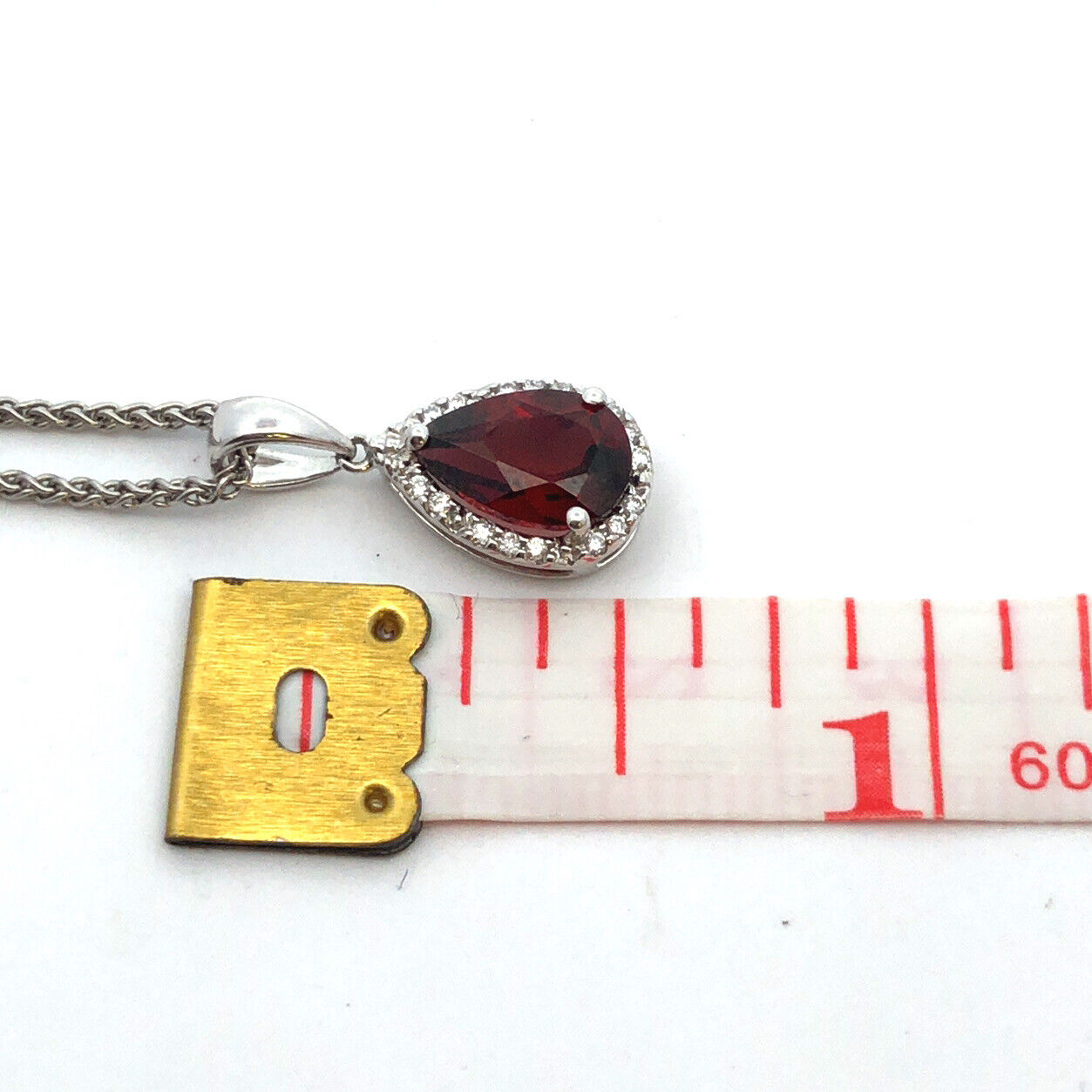 Designer 14K White Gold Pear Garnet Diamond Halo Drop Pendant Necklace