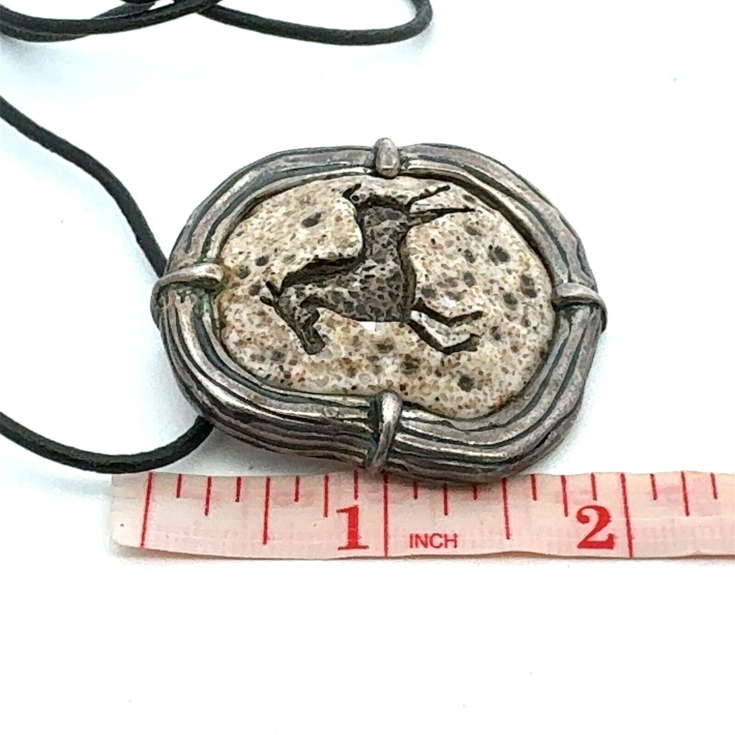 Vintage Sterling Silver Stone Carved Horse Statement Pendant Leather Necklace