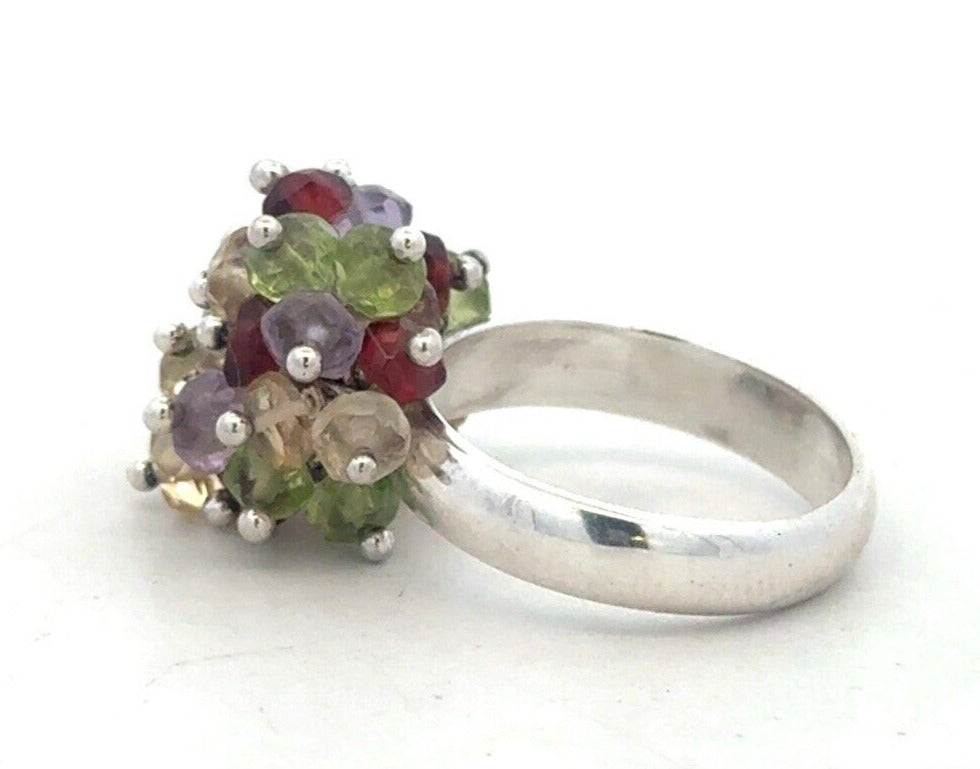 Designer 925 Sterling Silver Beaded Multi-Gemstone Cluster Dome Ring