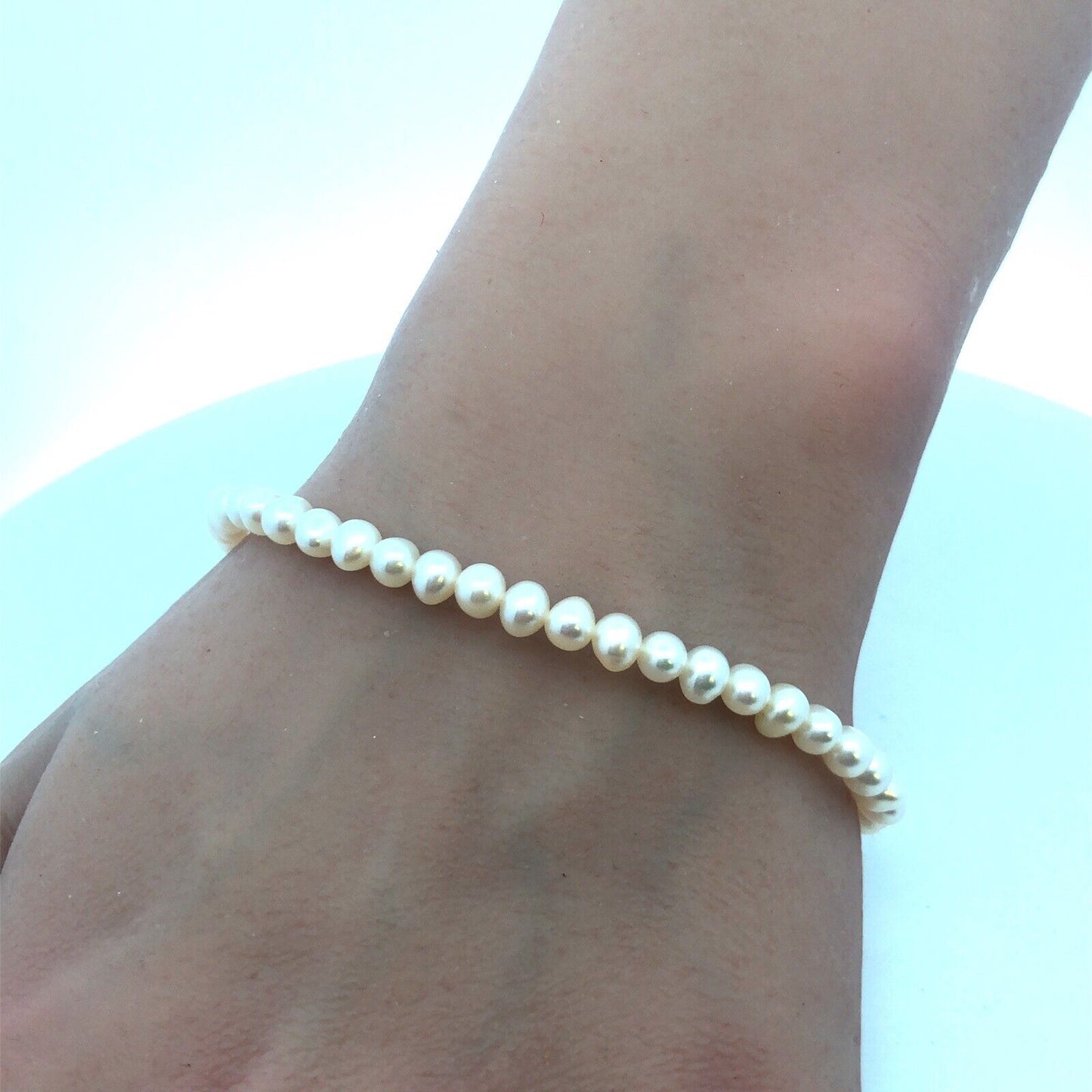 Designer 14K Yellow Gold White Pearl Bridal June Anniversary Beaded Bracelet