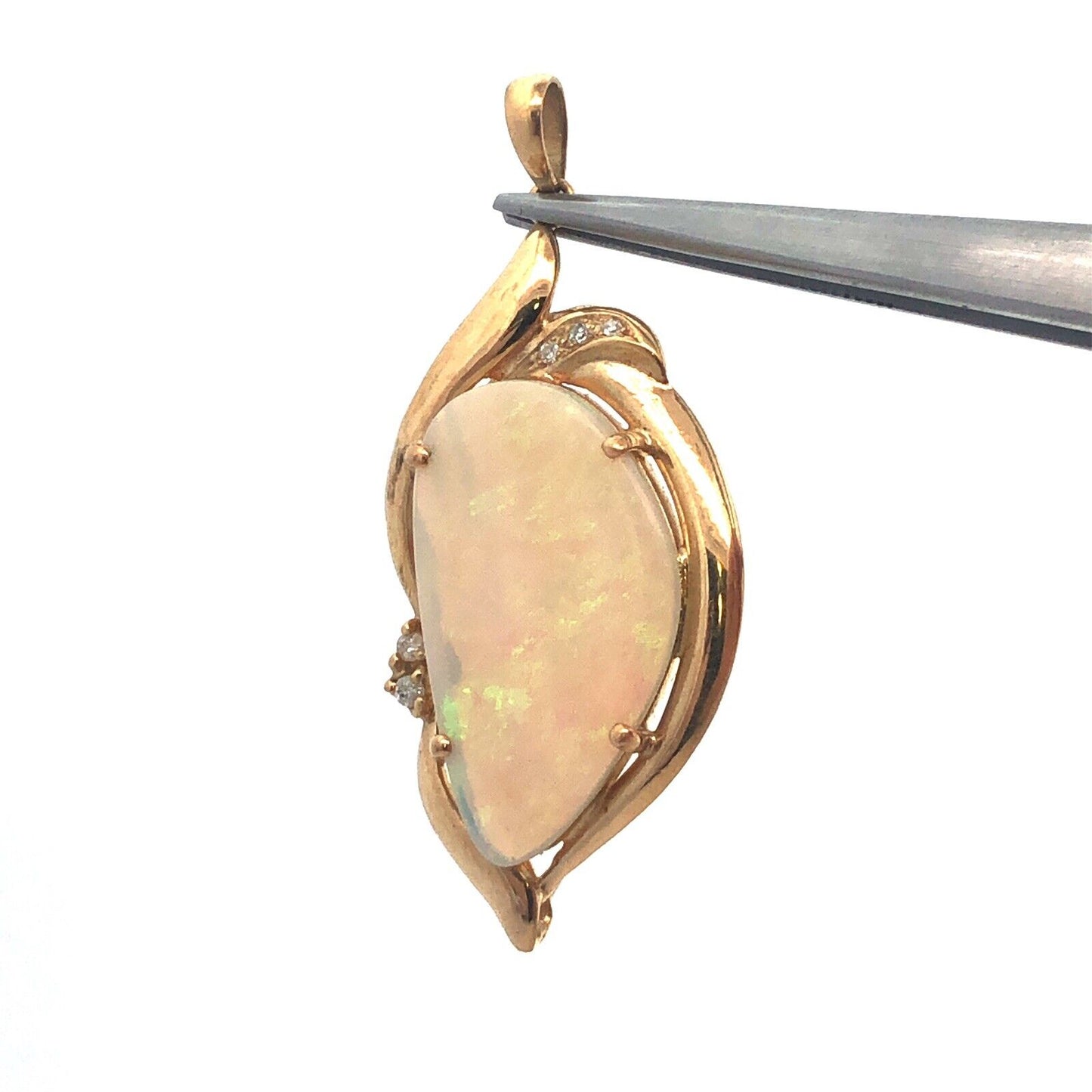 Large Australian Black Opal Pendant Solid 14k Yellow Gold with Diamond Accents