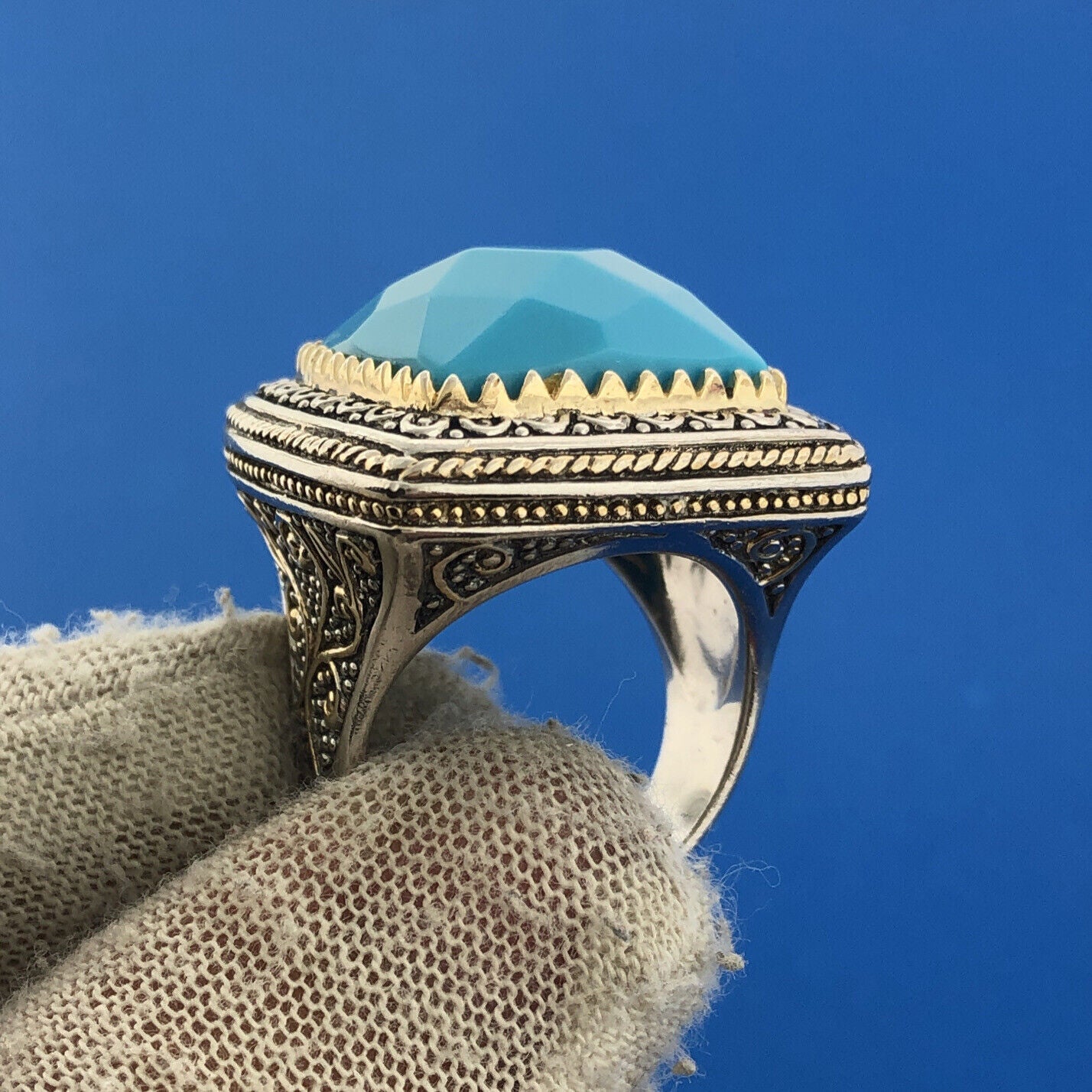 Designer PK Sterling Silver Two Toned Faux Turquoise Scroll Statement Dome Ring