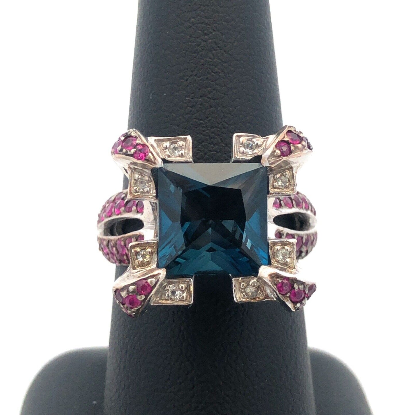 Sterling Silver London Blue Topaz Ruby Diamond Statement Cocktail Ring