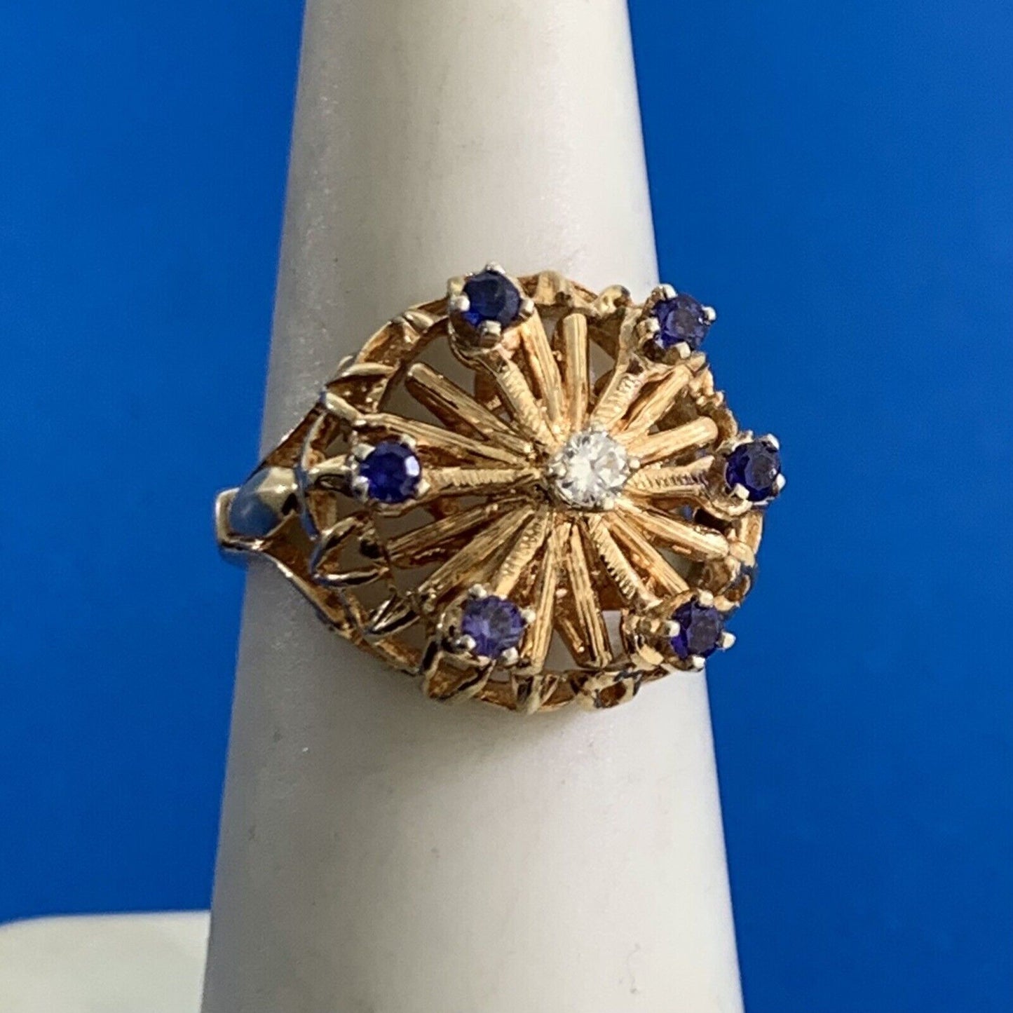 Designer 10K Yellow Gold Sapphire Diamond Starburst Crown Cocktail Ring