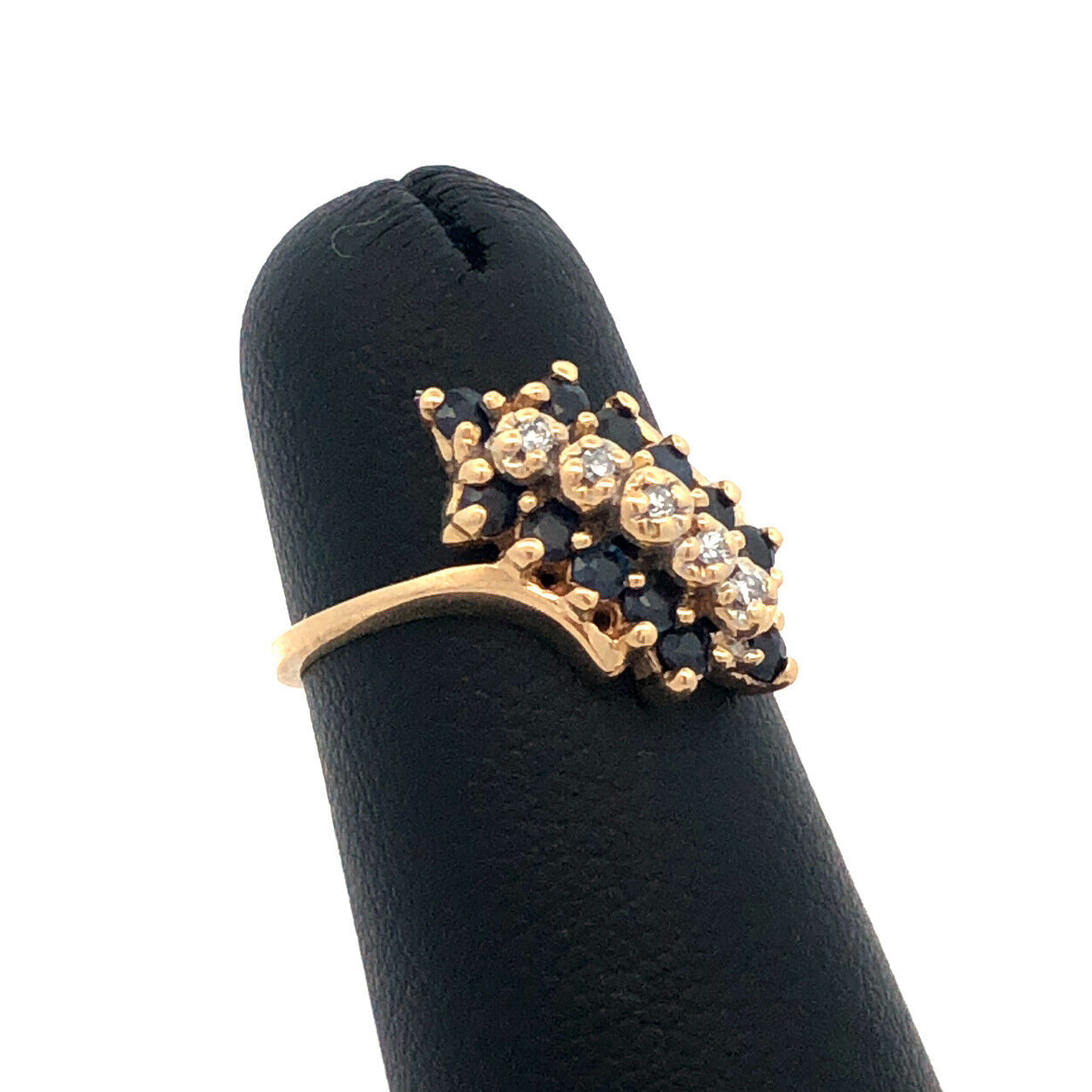 Designer WW 10K Yellow Gold Round Sapphire Diamond Oval Bypass Cluster Ring