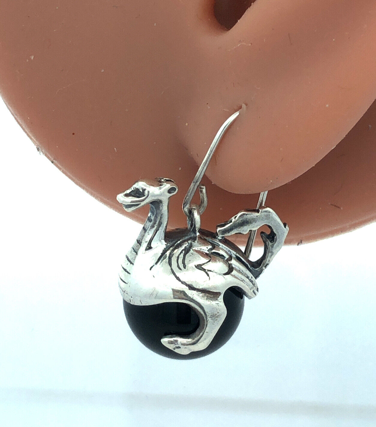 Museum Fine Arts MFA 925 Sterling Silver Round Black Onyx Dragon Globe Earrings