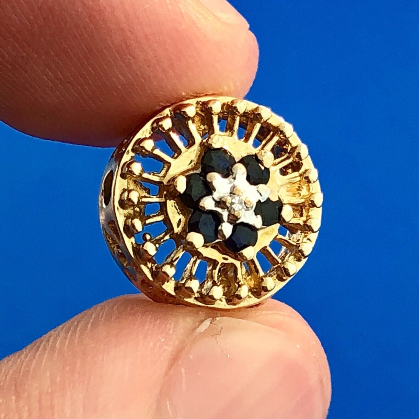 Designer OMG 10K Yellow Gold Blue Sapphire Cluster Slide Charm Diamond Accent