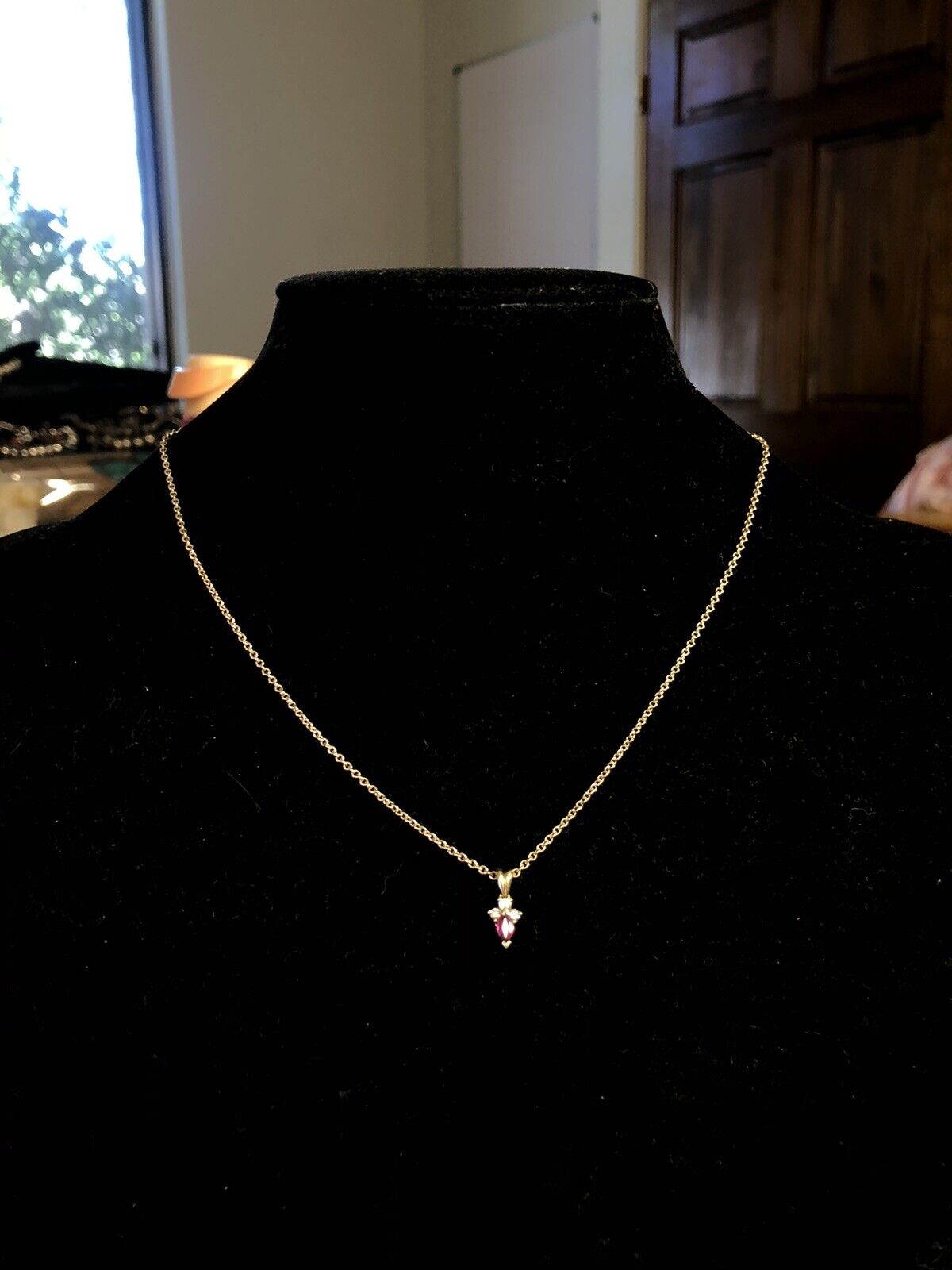 Estate 14K Yellow Gold Marquise Ruby Diamond Accented Pendant Chain Necklace