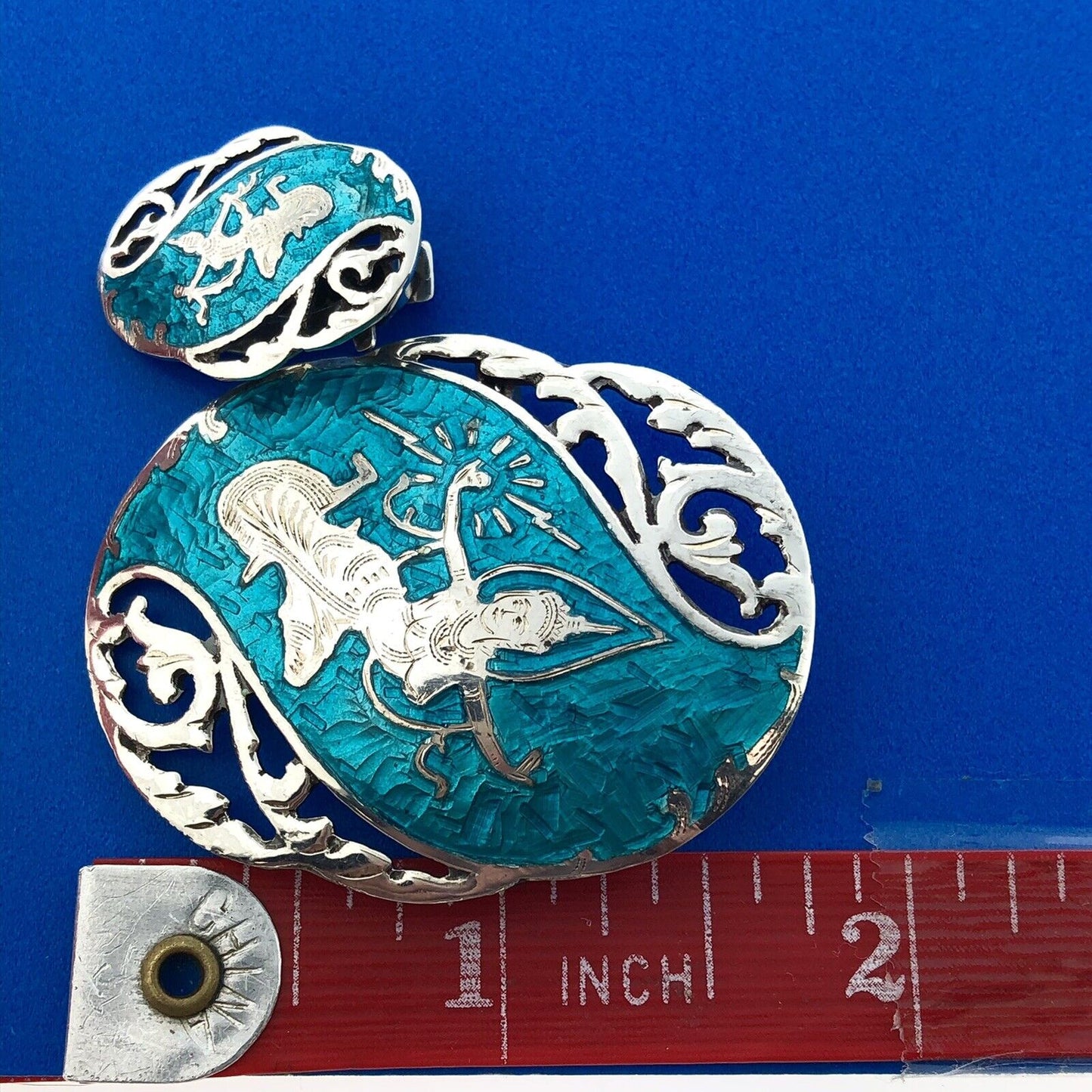 Antique Siam 925 Sterling Silver Aqua Enamel Nielloware Brooch Clip Earrings Set