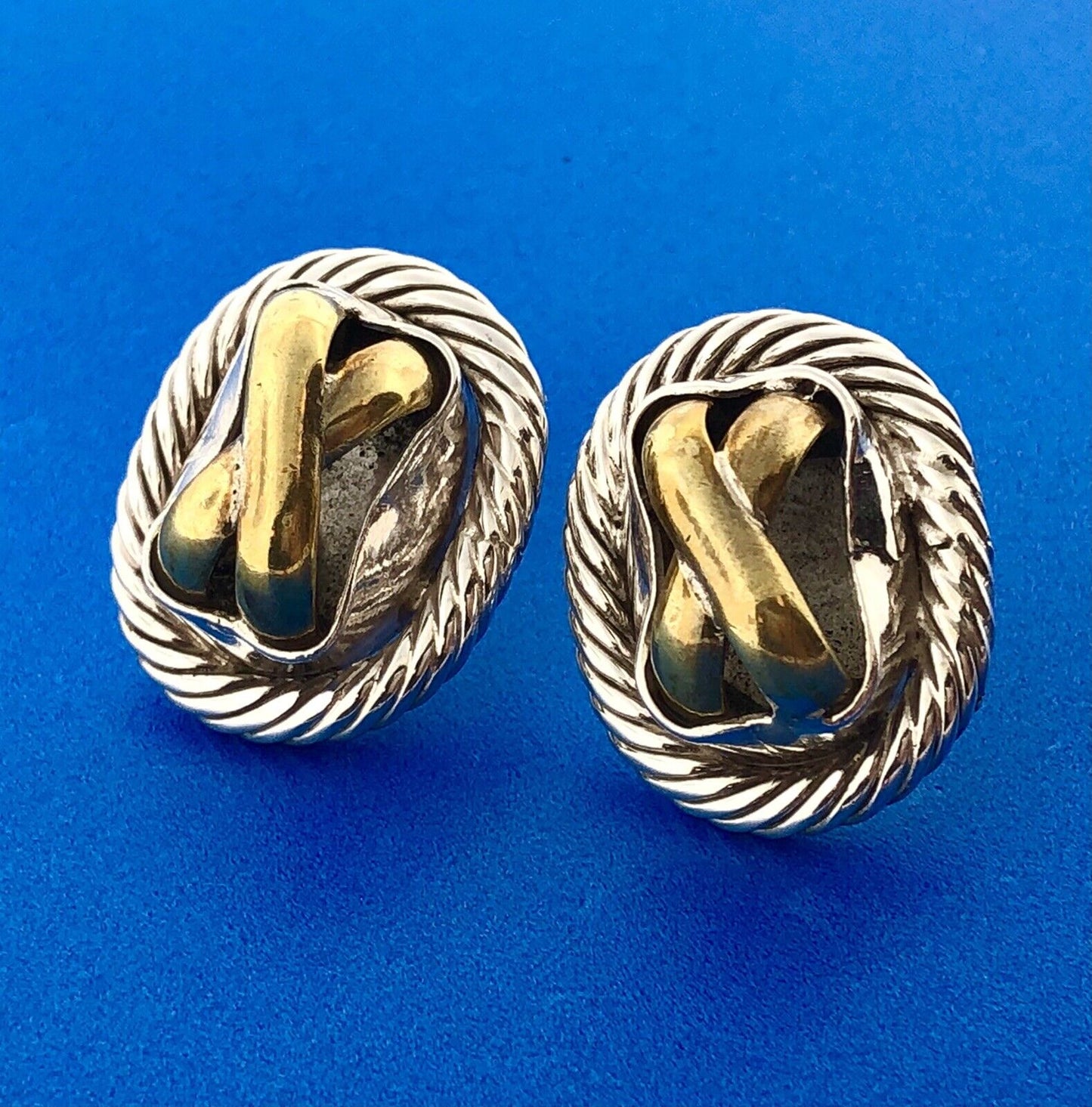 Estate Mexico 925 Sterling Silver Brass Two Tone X O Statement Stud Earrings