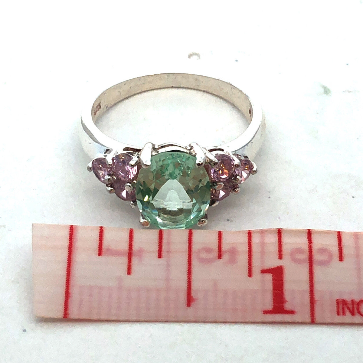 Designer HAN 925 Sterling Silver Oval Seyfoam Green Pink CZ Accent Cocktail Ring