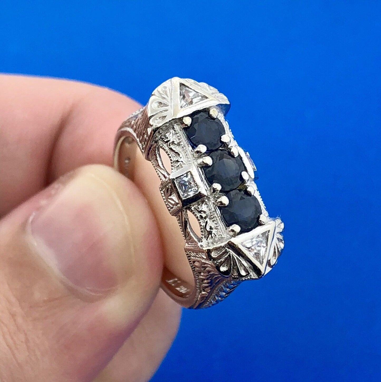 Art Deco Designer 14K White Gold Sapphire Cubic Zirconia CZ Anniversary Ring