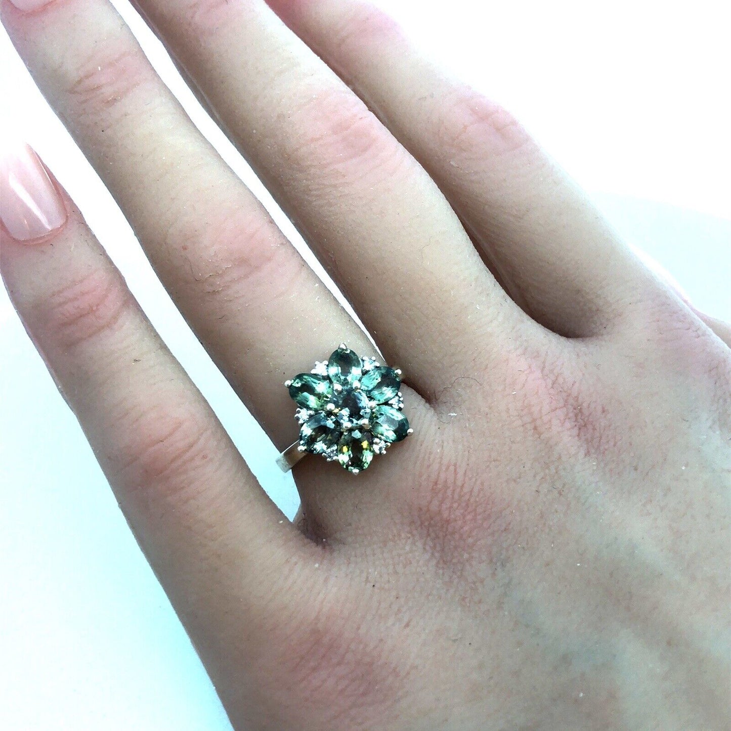 Designer TGGC 10K White Gold Oval Green Topaz Round Diamond Accent Cocktail Ring