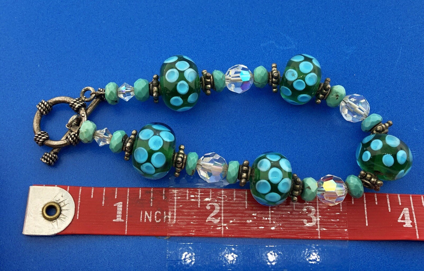 Vintage 925 Sterling Silver Turquoise Art Glass Crystal Bead Toggle Bracelet