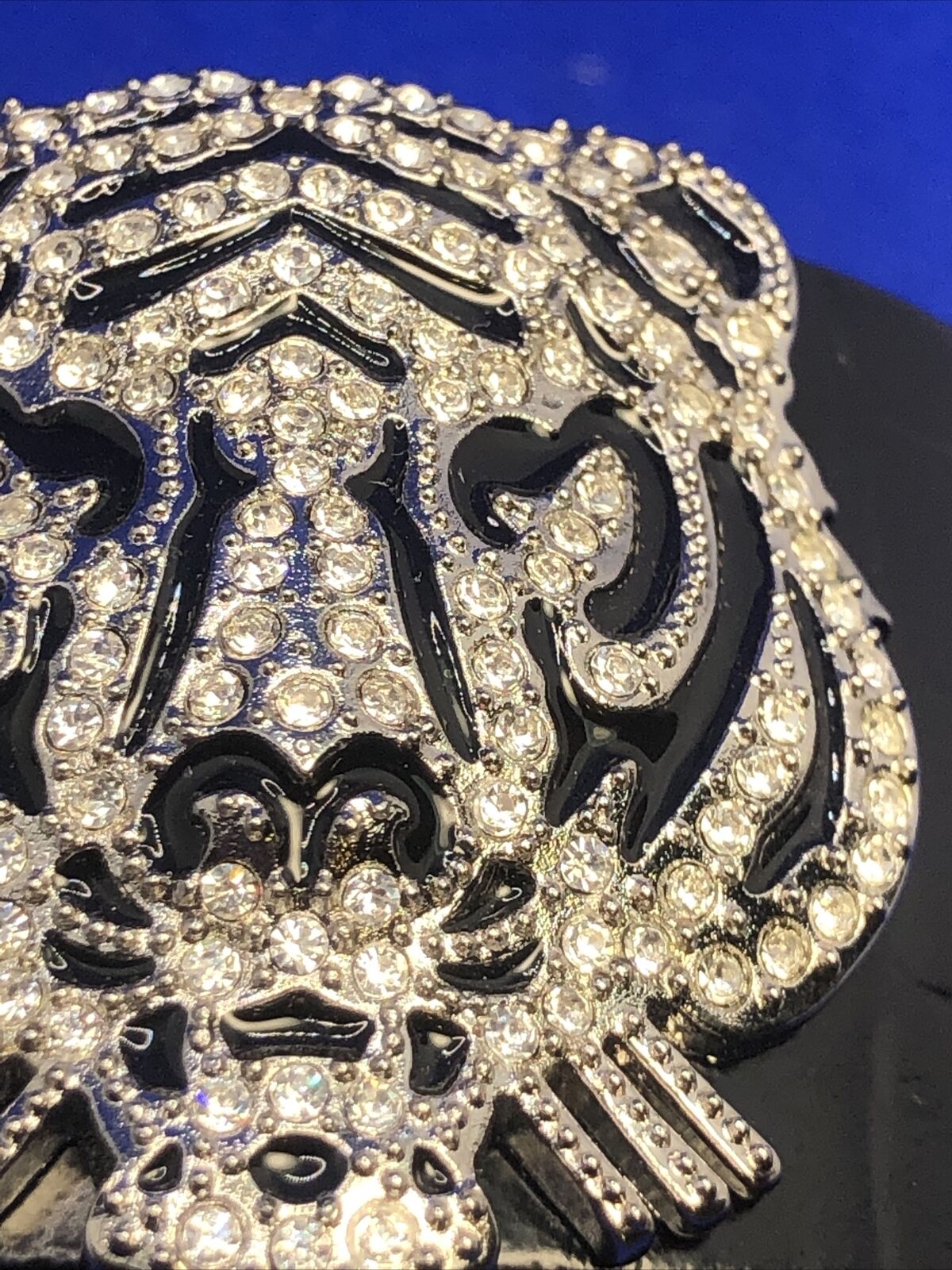 Genuine Black Leather CZ Black Enamel Tiger Head Statement Hinged Cuff Bracelet