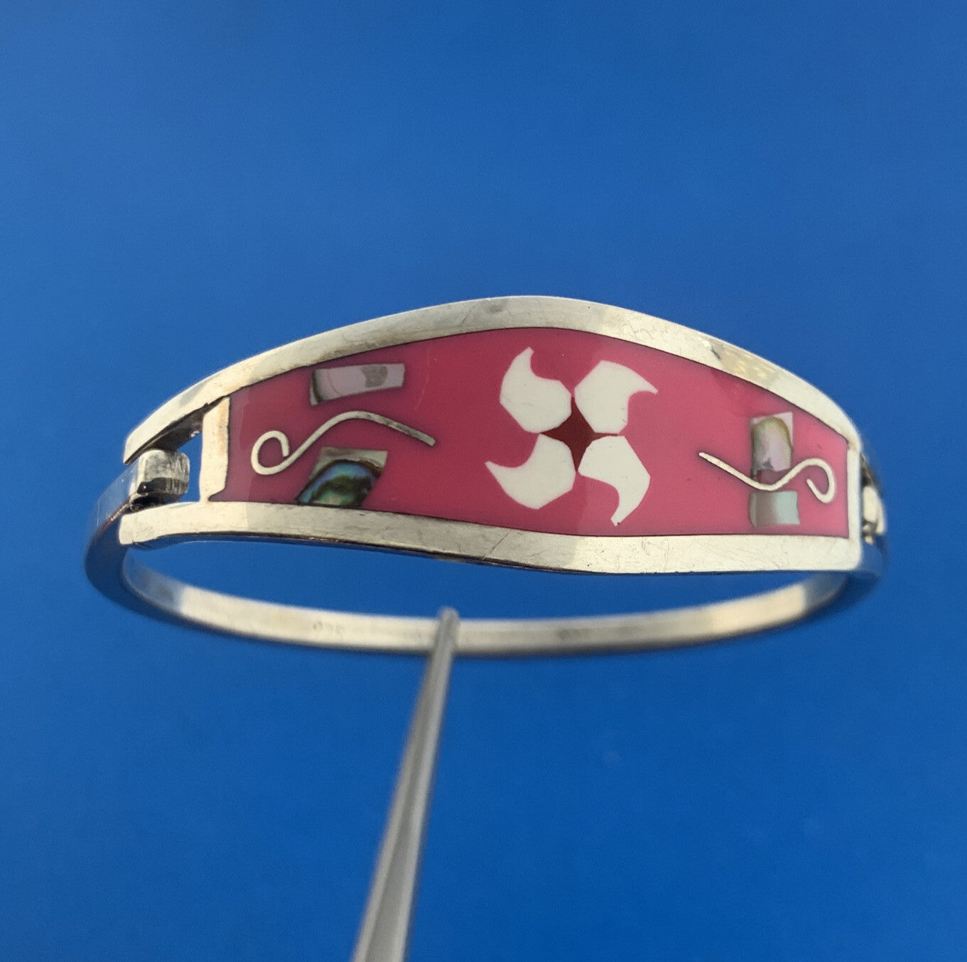 Mexico Silver Tone Enamel Mother of Pearl Abalone Childs Hinged Cuff Bracelet