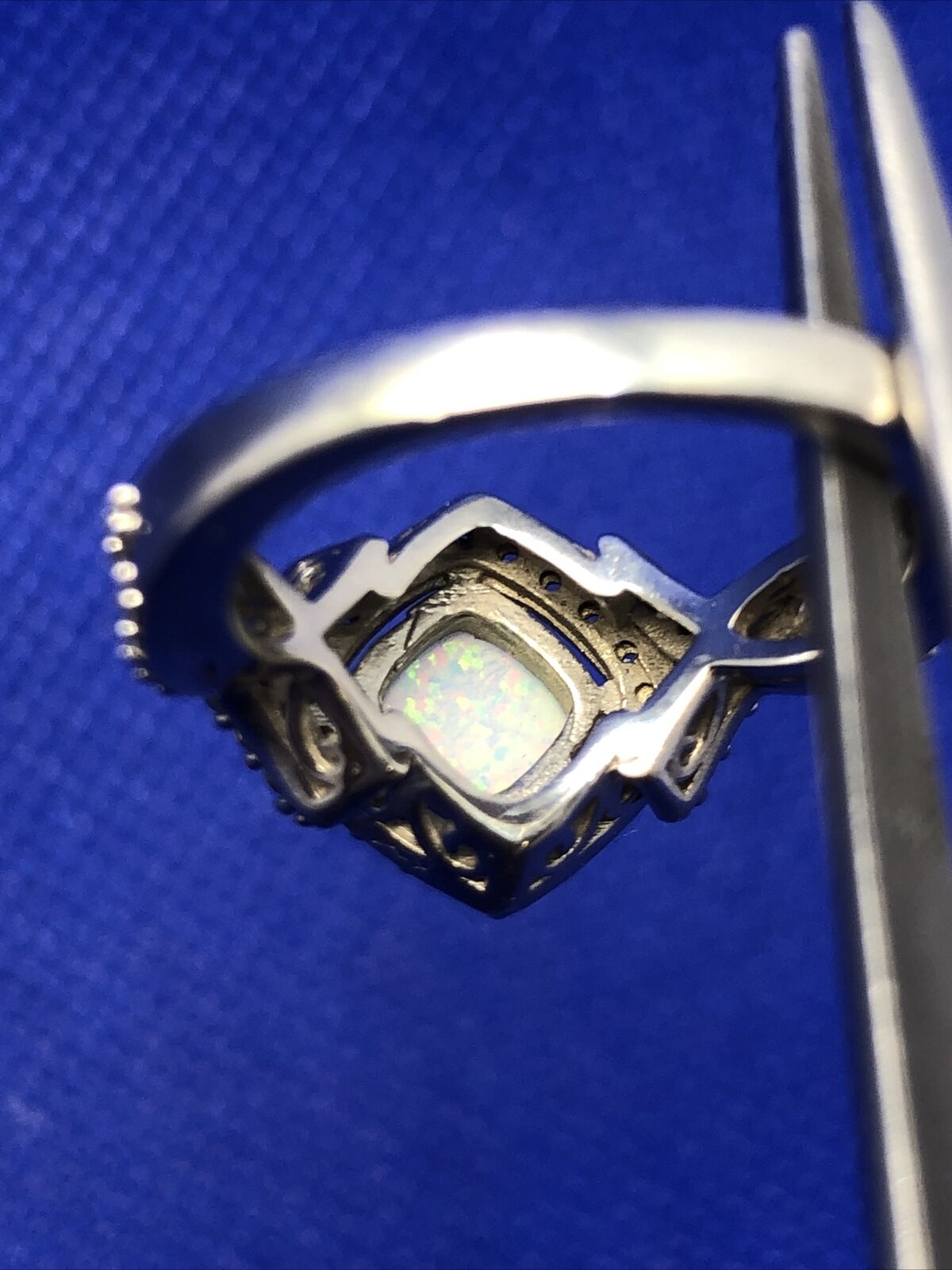 Designer SUN 925 Sterling Silver Opal Diamond Accented Size 6 Statement Ring