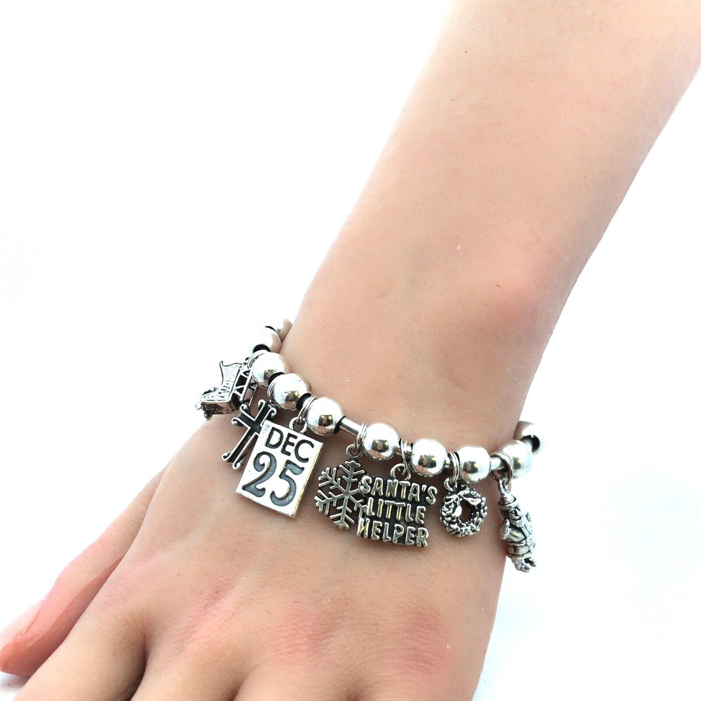 Vintage SJC 925 Sterling Silver Christmas Holiday Theme Beaded Charm Bracelet