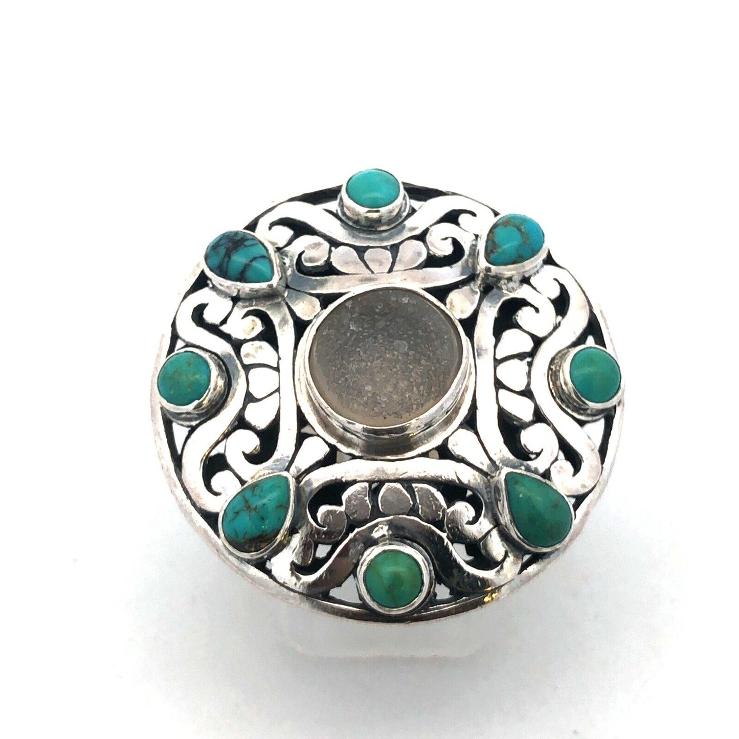 Native American 925 Sterling Silver Turquoise Druzy Quartz Round Statement Ring