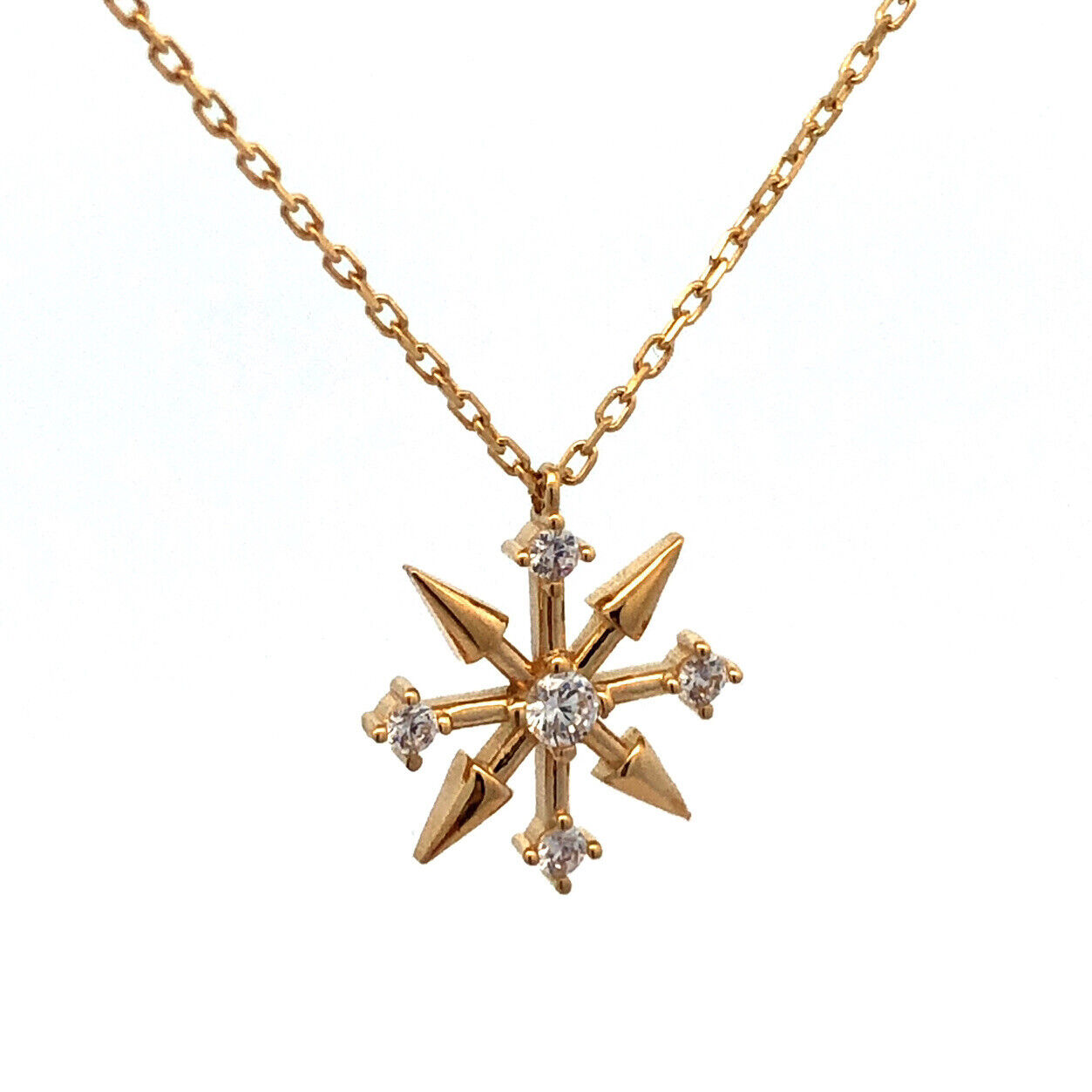 Retro 10K Yellow Gold Round Cubic Zirconia Star Burst Snowflake Pendant Necklace