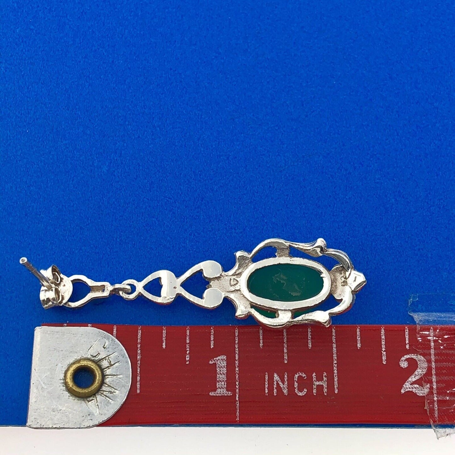 Sterling Silver 925 Oval Green Onyx Marcasite Openwork Filigree Dangle Earrings