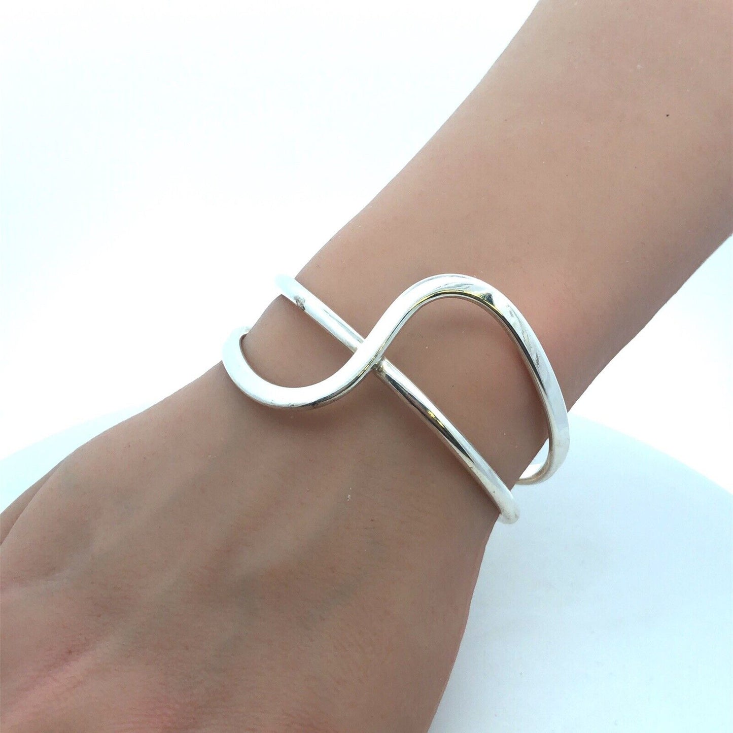 925 Sterling Silver Modernist Abstract Double Wave Open Cuff Bracelet