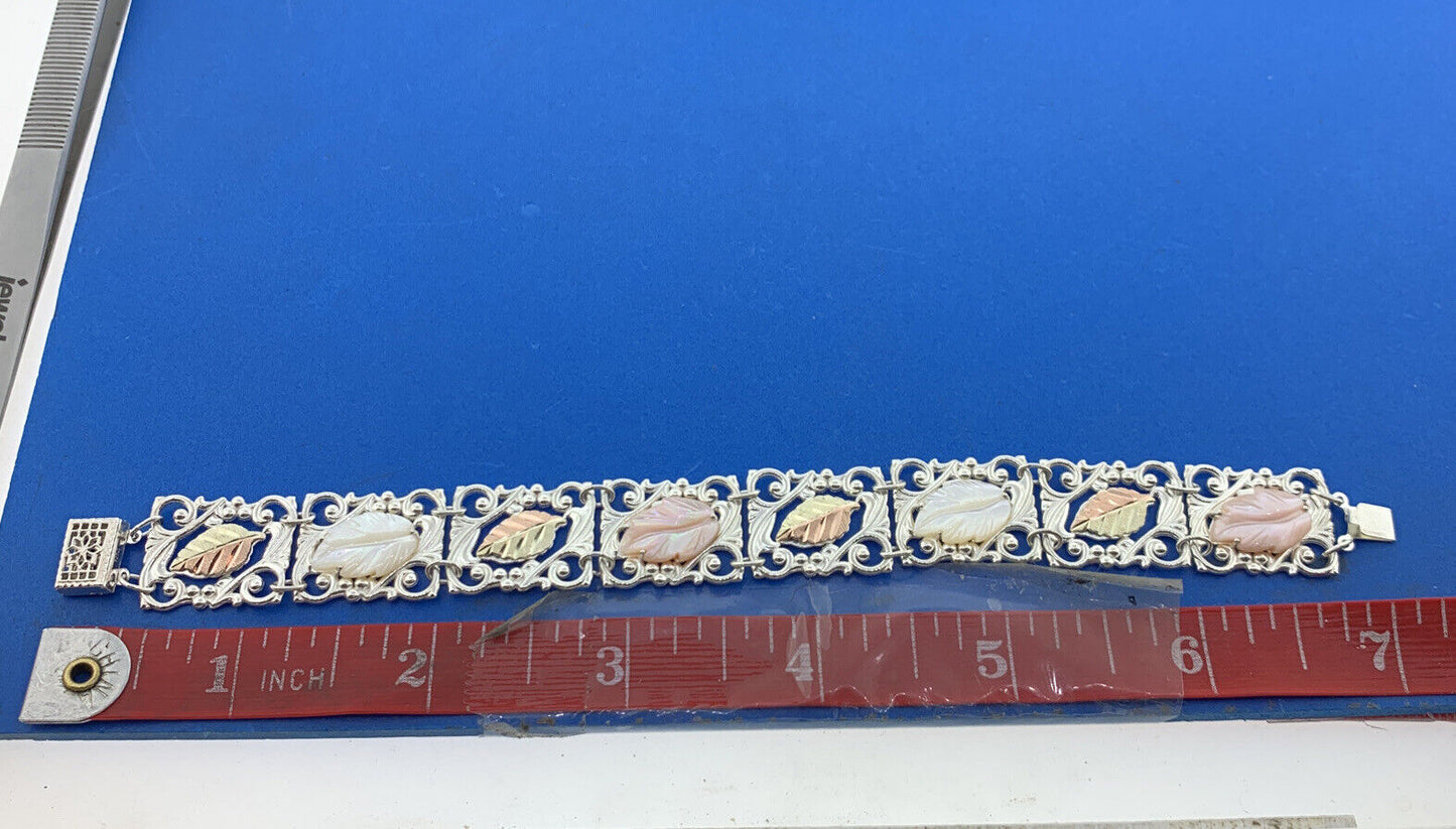 925 Sterling Silver 12K Yellow Rose Gold Mother Of Pearl Leaf Panel Bracelet