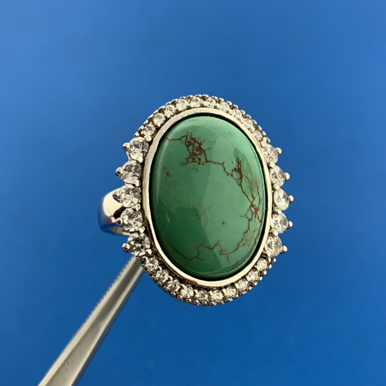 Joseph Esposito ESPO Sterling Silver Green Turquoise Cubic Zirconia Halo Ring