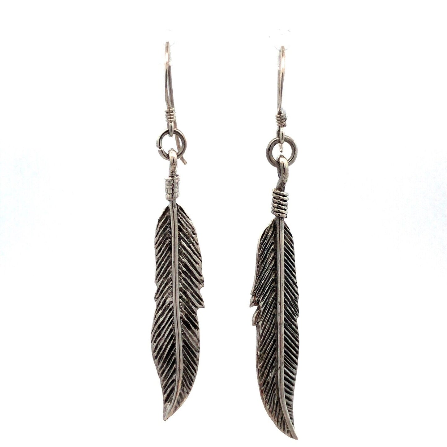 Vintage 925 Sterling Silver Feather Textured Drop Dangle Hook Earrings
