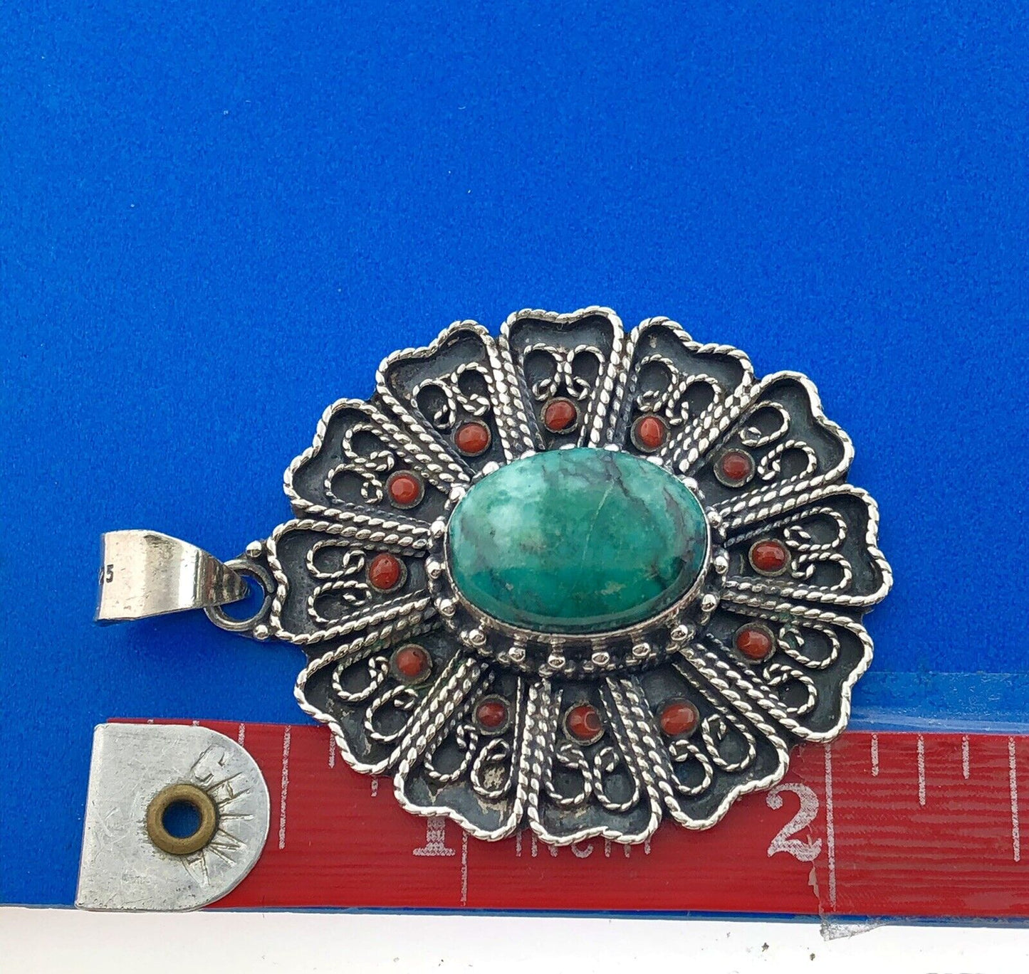 Stunning Sterling SIlver 925 Cabochon Turquoise Coral Accent Floral Pendant