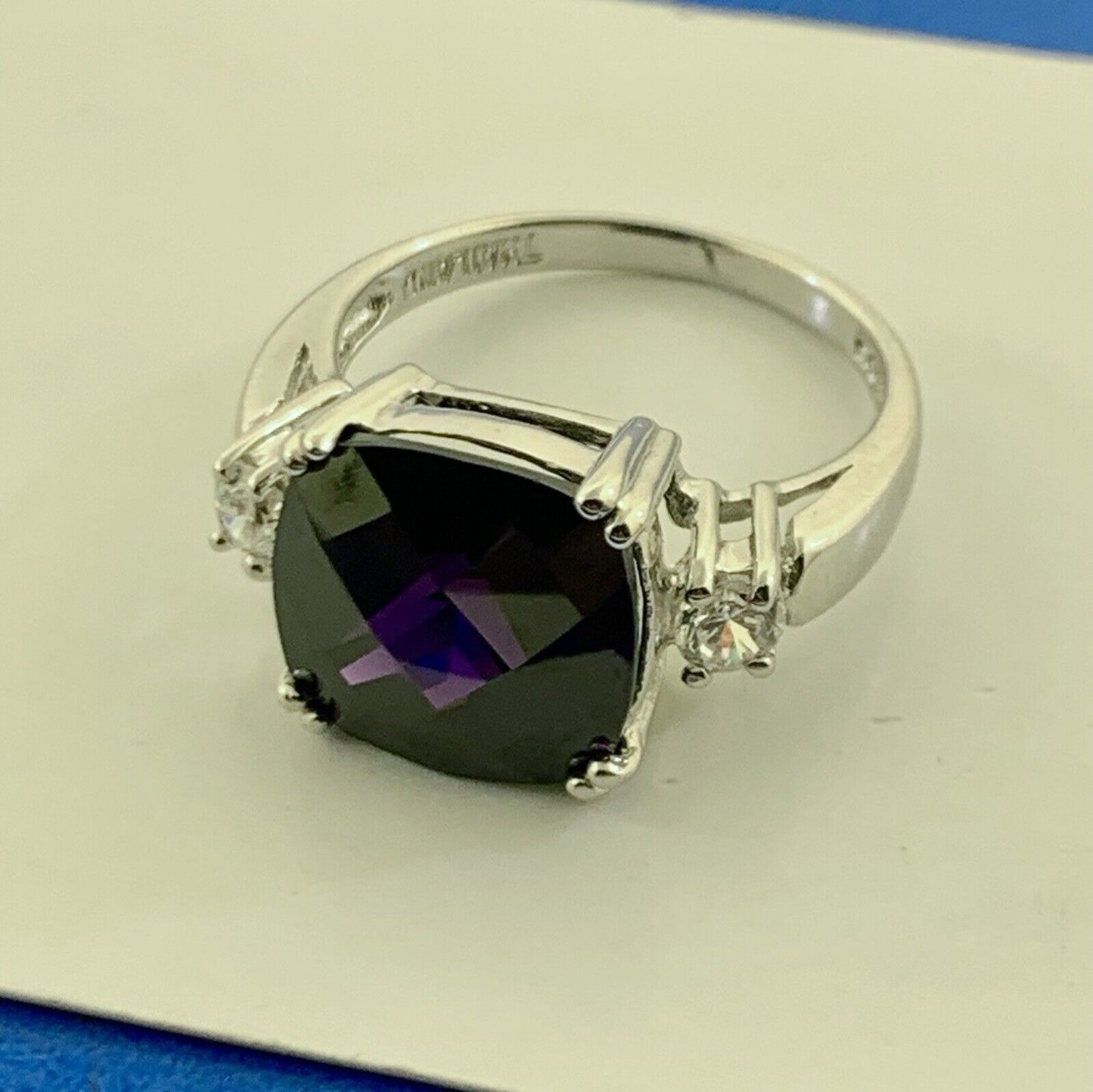 Designer 925 Sterling Silver Cushion Cut Amethyst & Cubic Zirconia Cocktail Ring