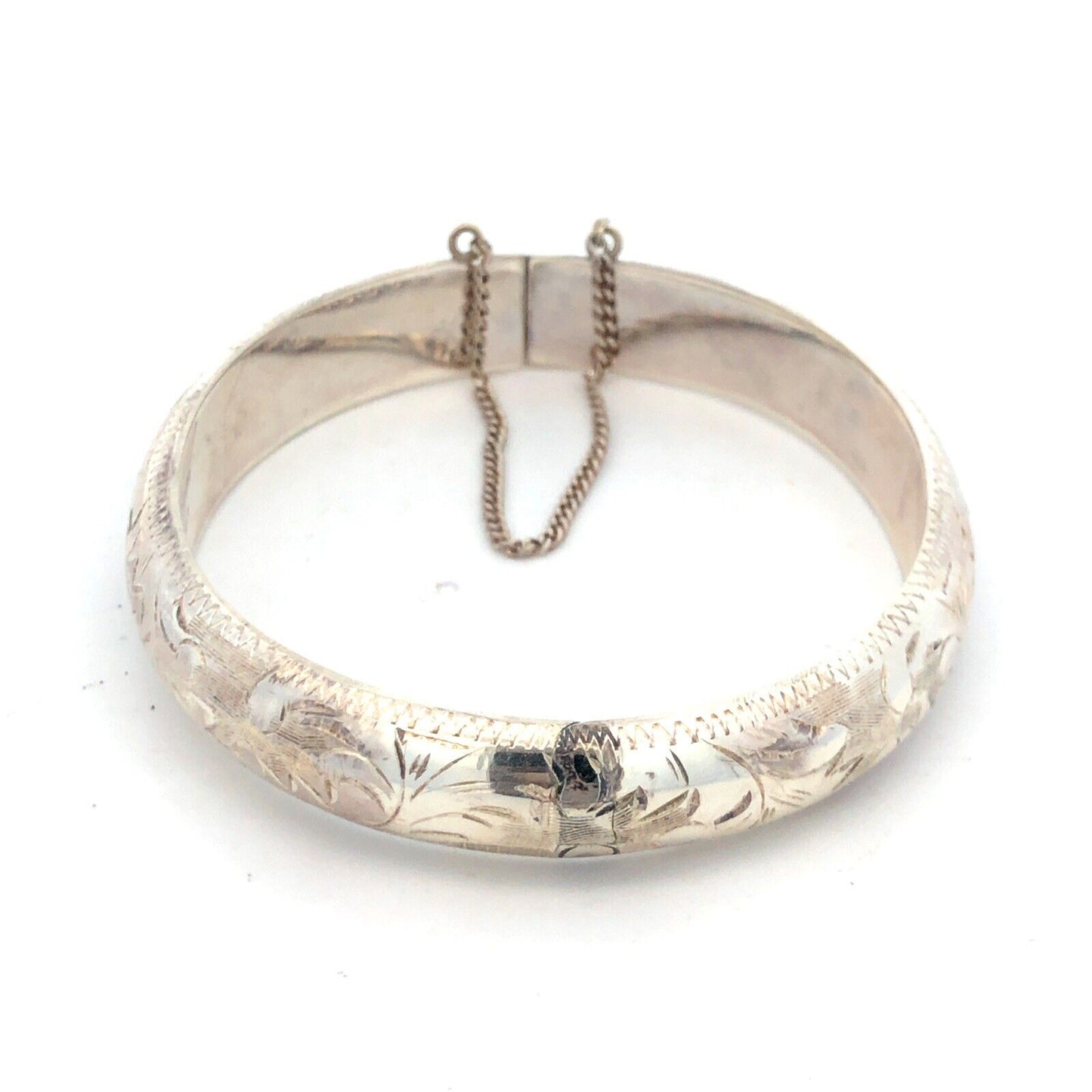 Vintage Longcraft 925 Sterling Silver Floral Scroll Etched Hinged Cuff Bracelet
