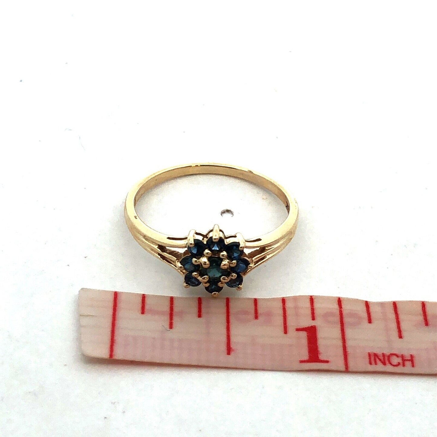Designer 14K Yellow Gold Round Blue Sapphire Flower September Anniversary Ring