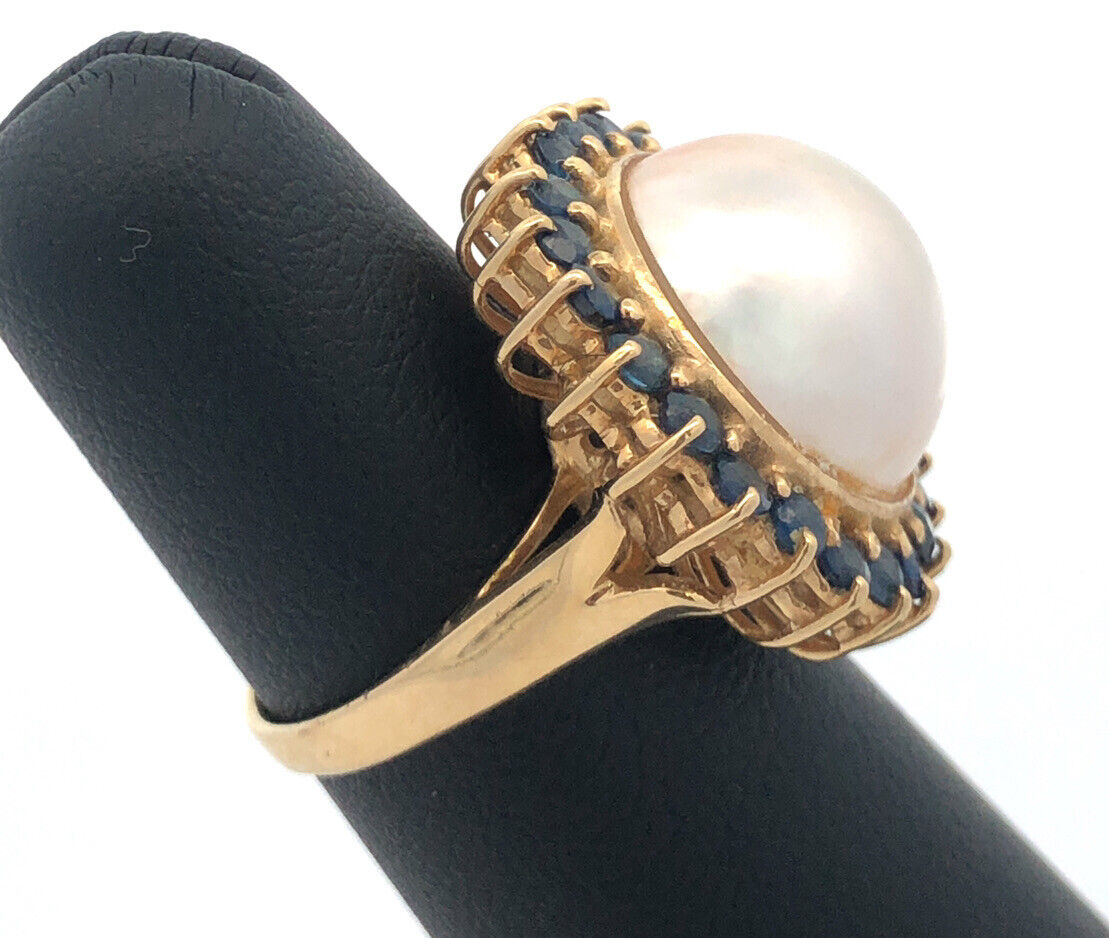 Vintage Designer 14K Yellow Gold Mabe Pearl Sapphire Halo Statement Cocktail Rin