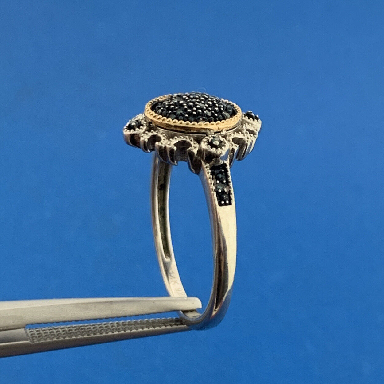 Designer 925 Sterling Silver 14K Yellow Gold Blue Diamond Two Tone Occasion Ring
