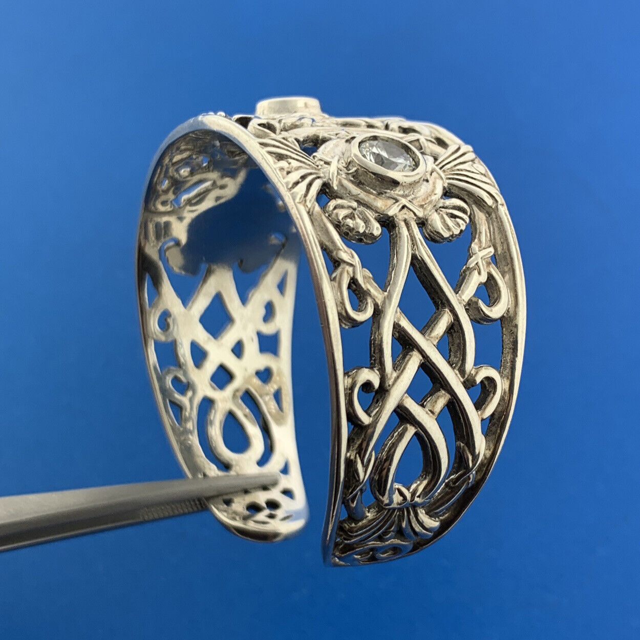 Artisan Sterling Silver Cubic Zirconia Open Scroll Work Statement Cuff Bracelet