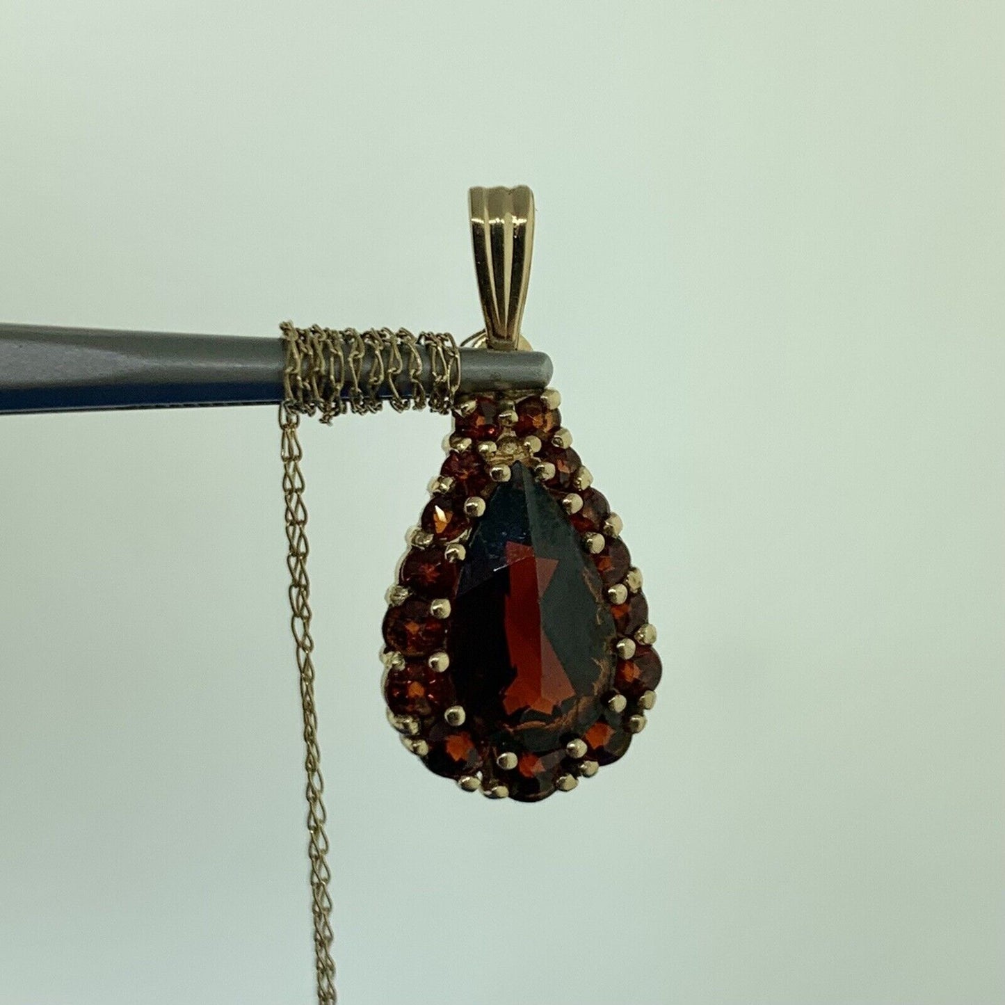 Vintage 14K Yellow Gold Pear Garnet Solitaire w/Halo January Pendant Necklace