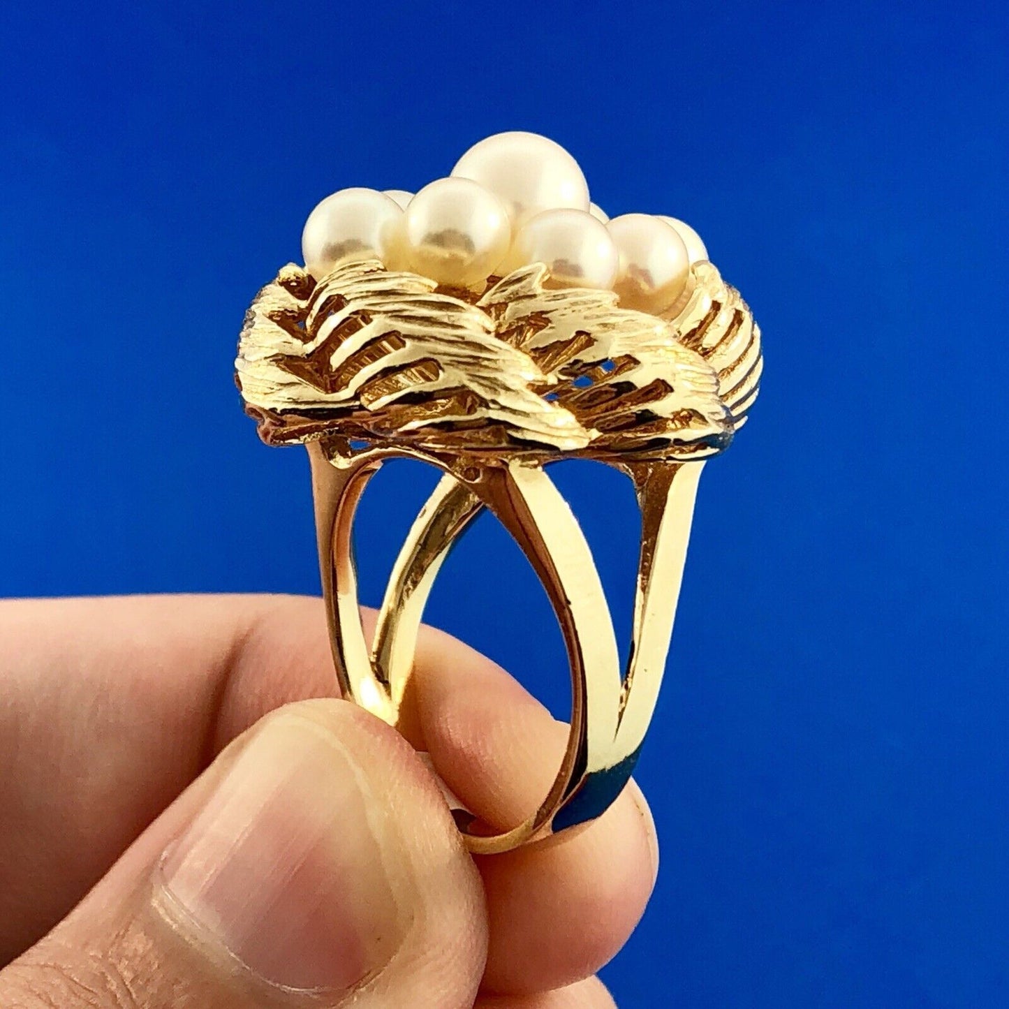 Vintage 14K Yellow Gold 9 Pearl Bird Nest Cluster Statement Cocktail Ring